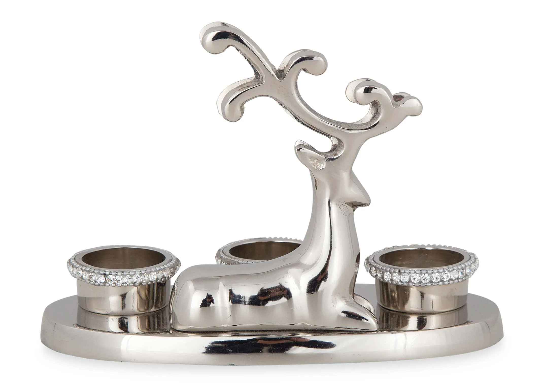 An image looking at the back of the  sitting reindeer rhinestone 3 t-light candle holder.