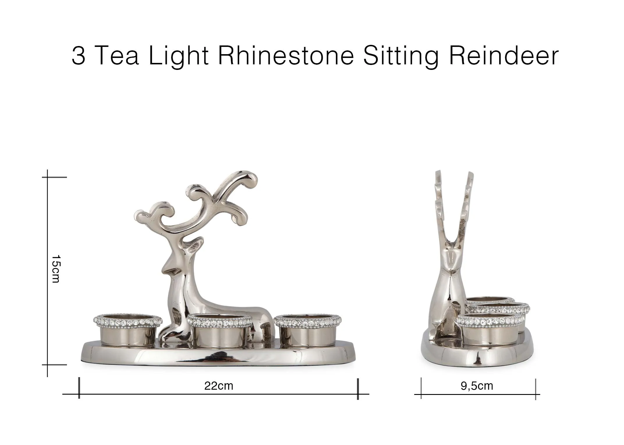 A dimension image for the sitting reindeer rhinestone 3 t-light candle holder 15cm (Height) x 22cm (Width) x 9.5cm (Depth)