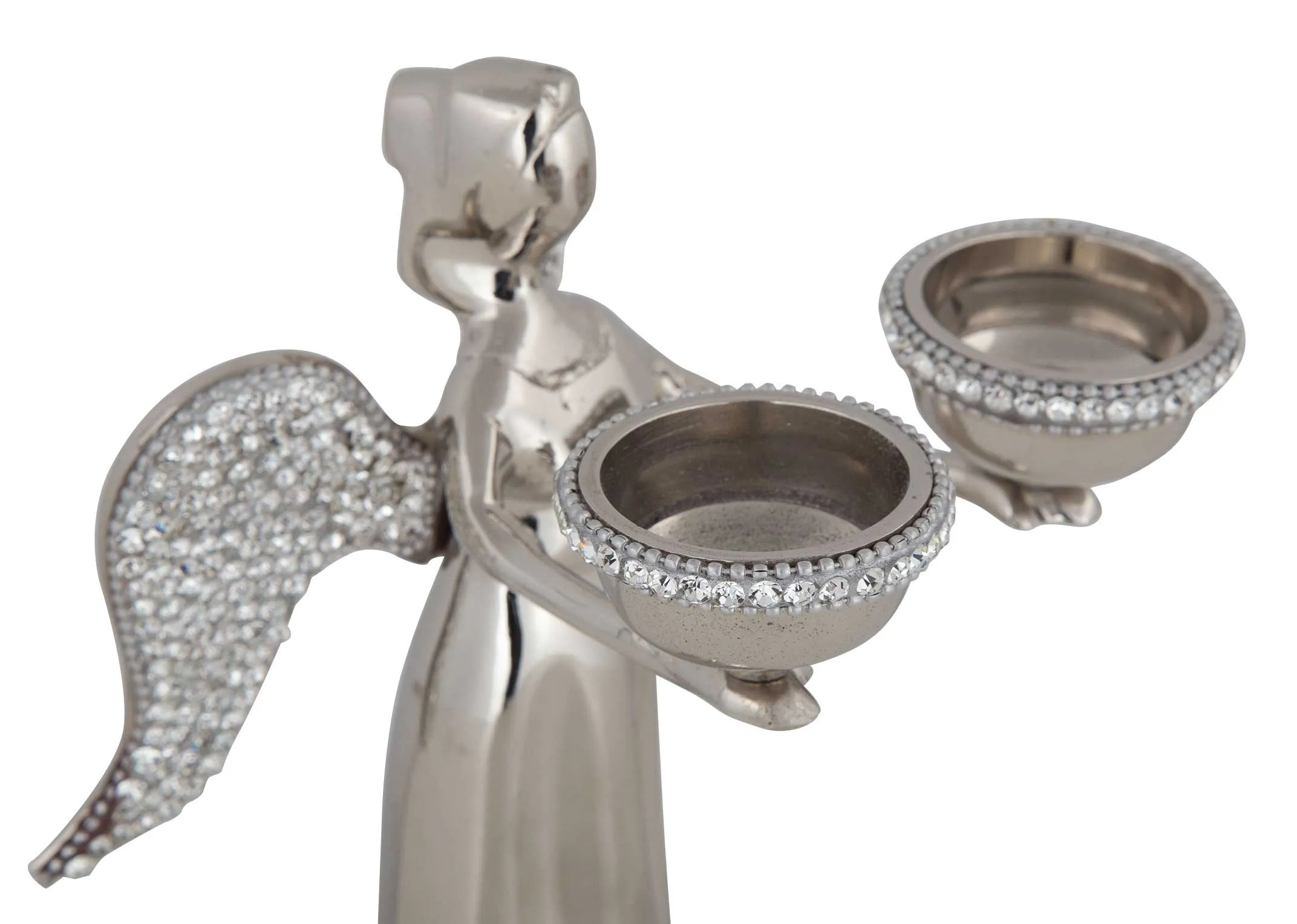 A close up of the two candle holders encrusted along the edge with rhinestones.