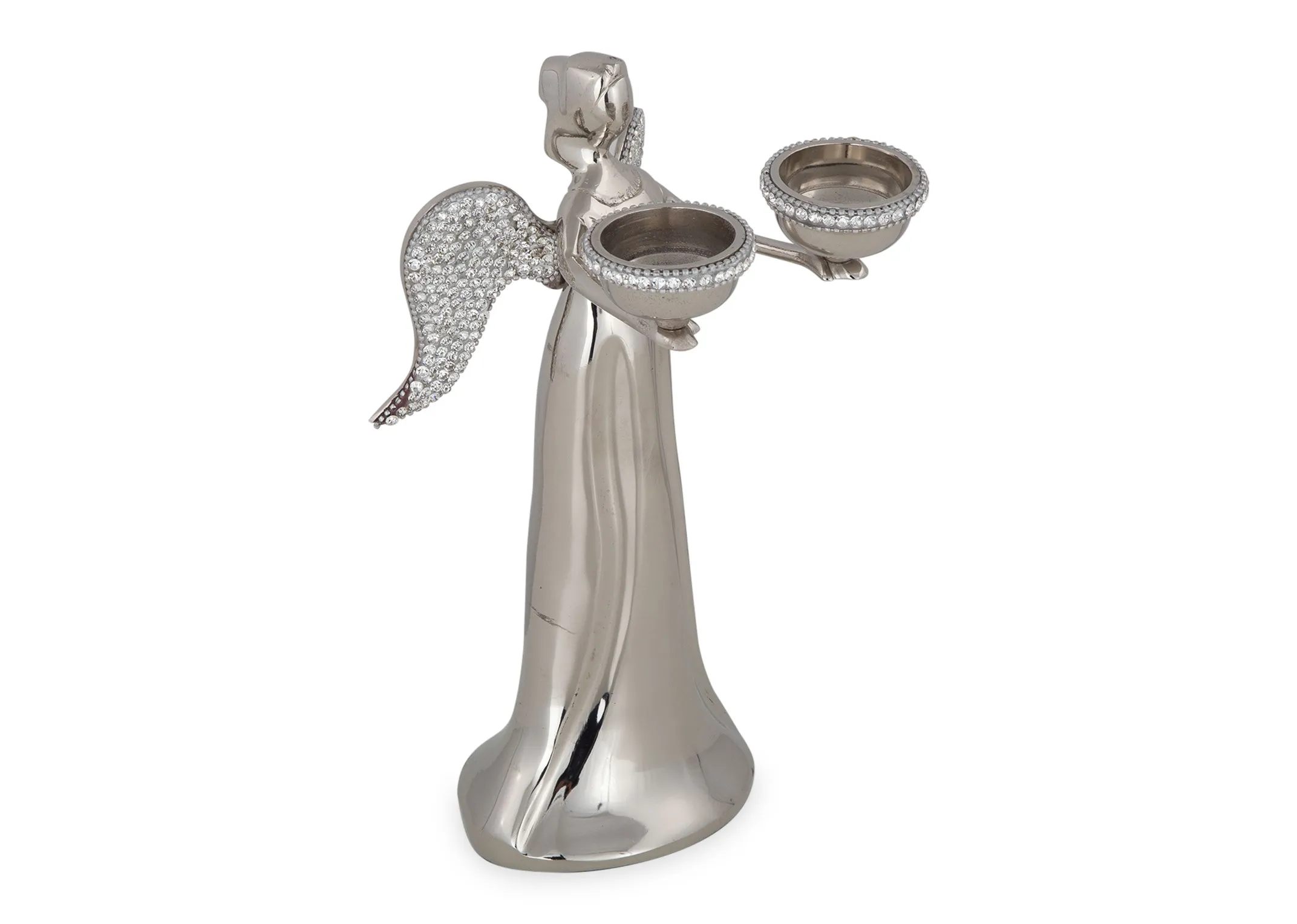 An image looking down from left to right on the 2 t-light rhinestone angel candel holder.