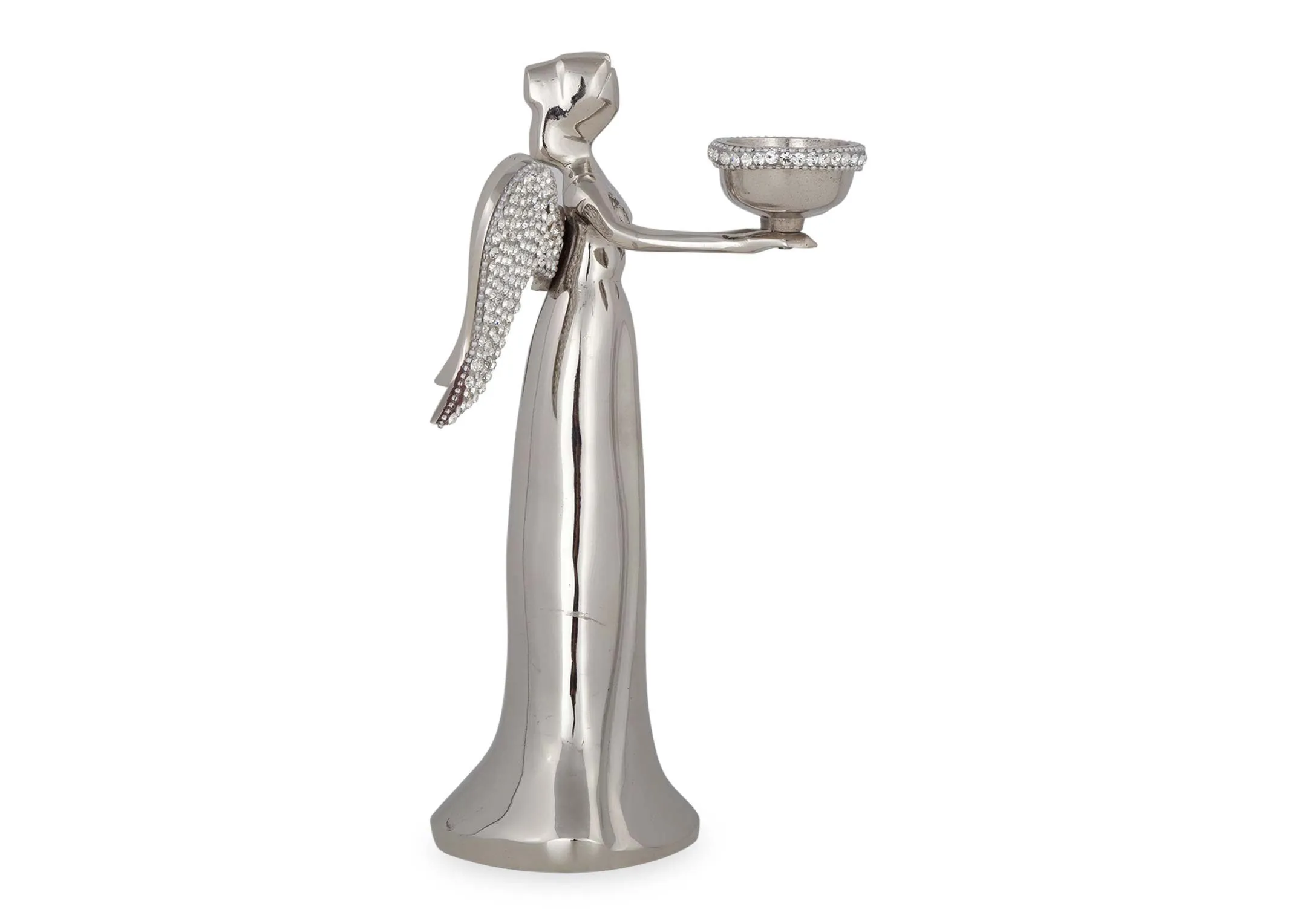 A side view of the 2 t-light rhinestone angel candle holder.