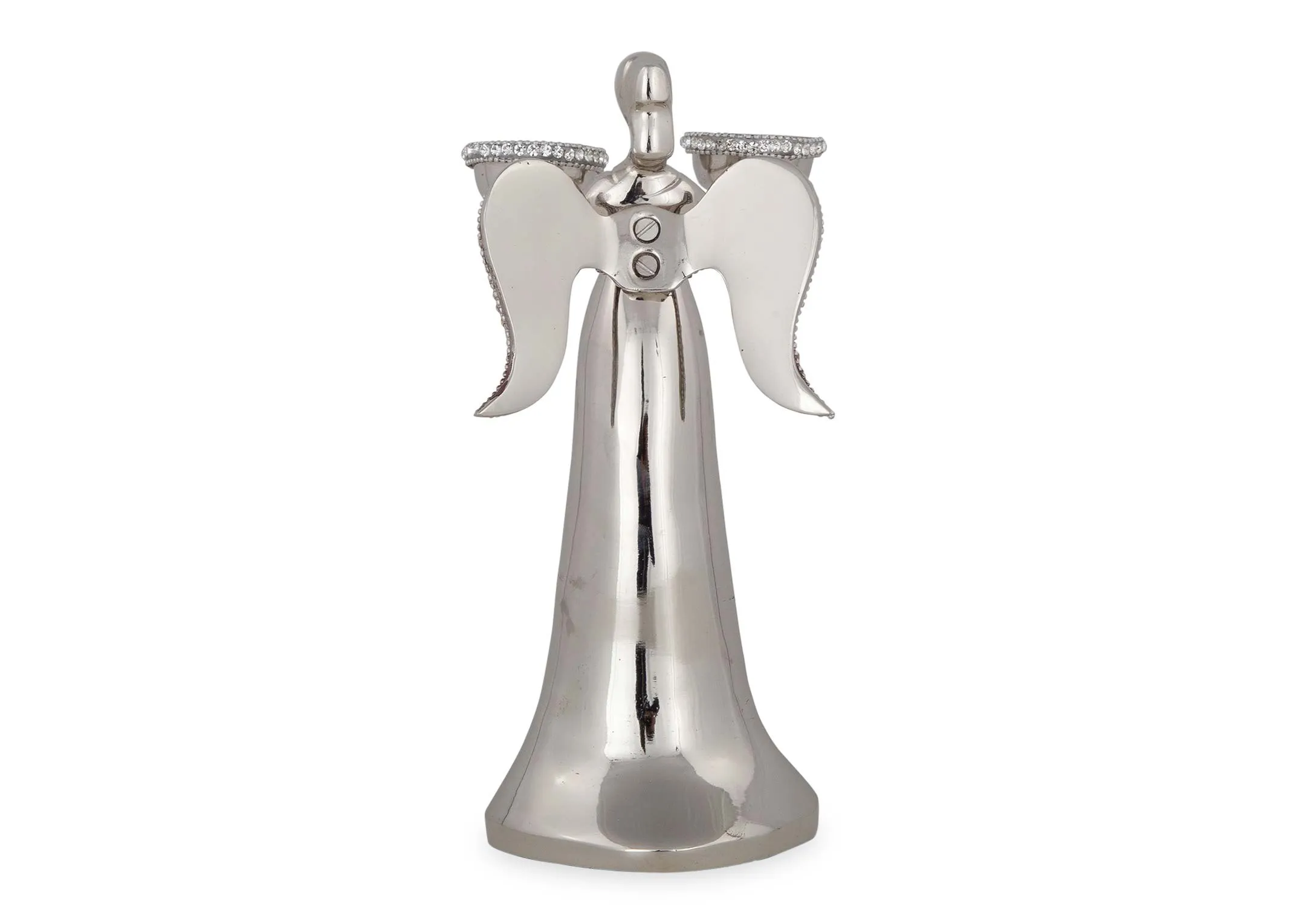 A view of the back of the 2 tea light rhinestone angel candle holder.