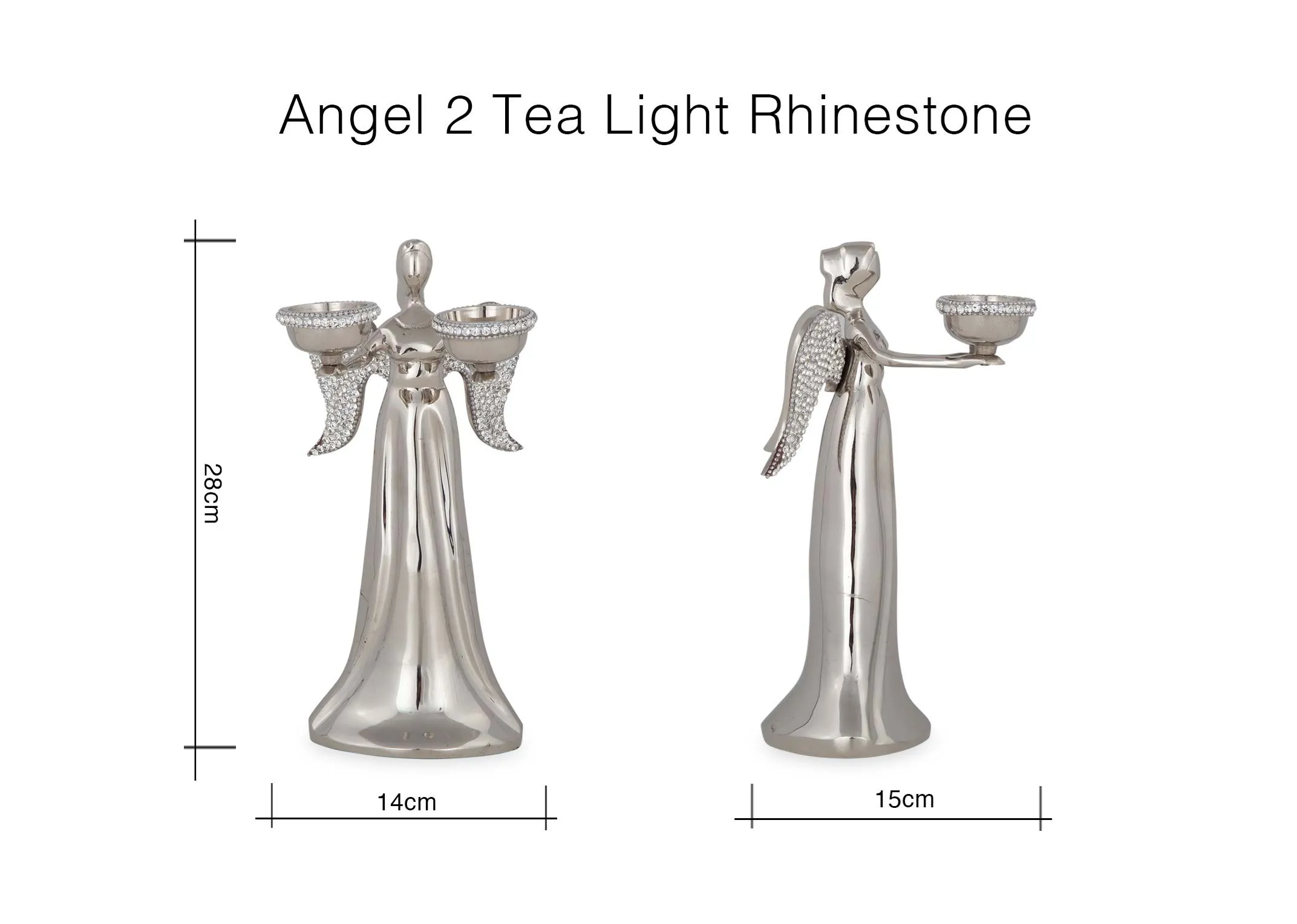 A dimension image for the 2 tea light rhinestone angel candle holder.