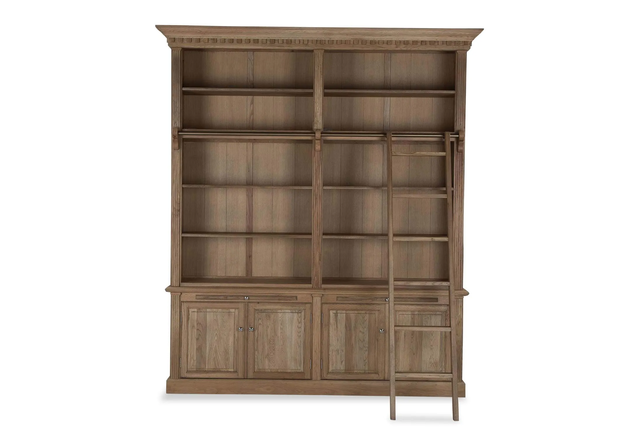 A view from the front showing in full the Iona bookcase with ladder and 9 shelves with four doors and two drawers.