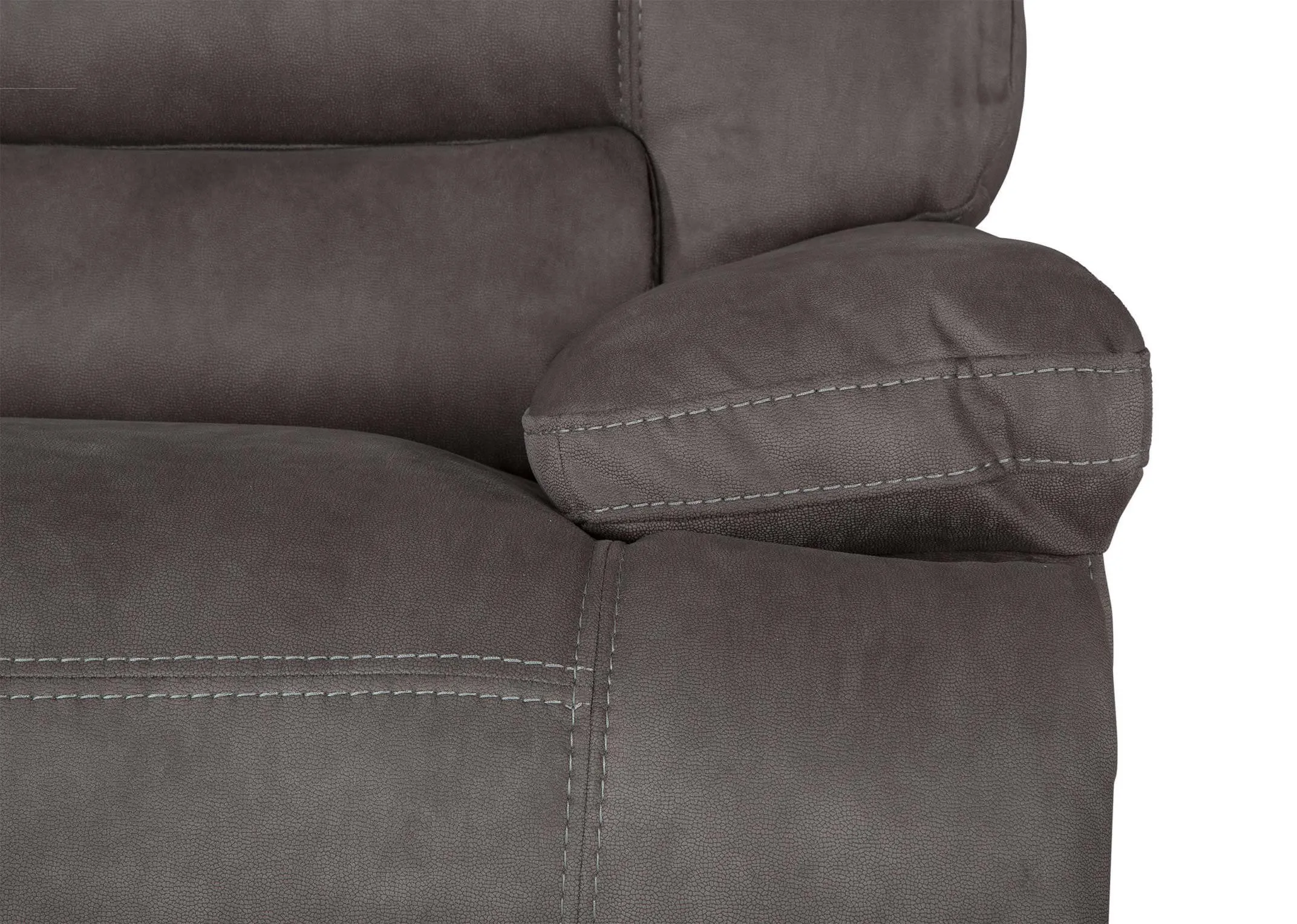 Detailed close-up view of the Baxter small reclining corner sofa showing the armrest upholstered with grey fabric