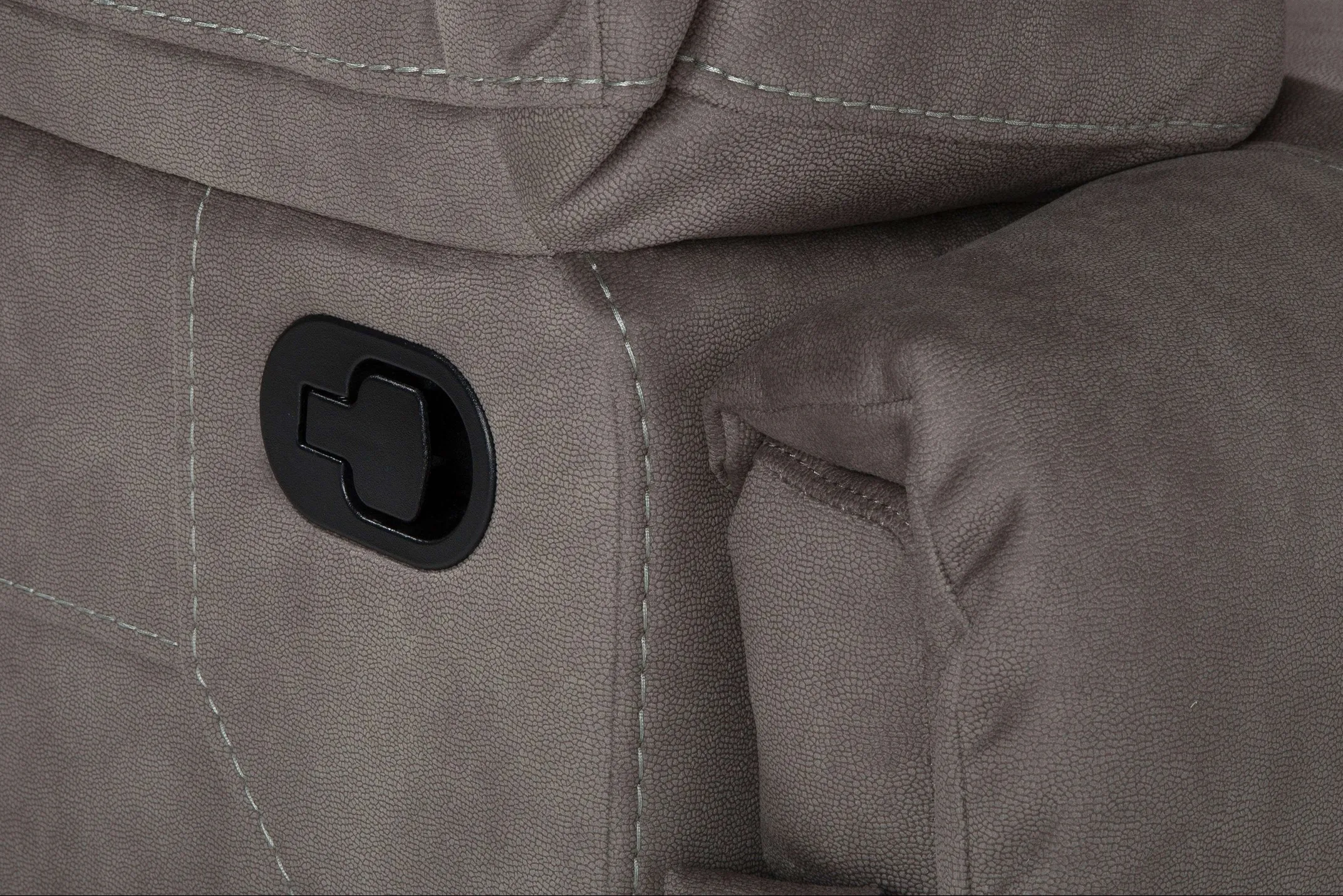 Detailed close-up view of the Baxter small reclining corner sofa showing the black reclining handle