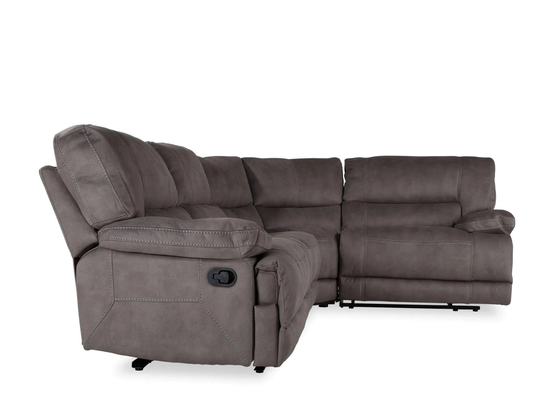 Full side view of the Baxter small reclining corner sofa showing the grey fabric upholstery
