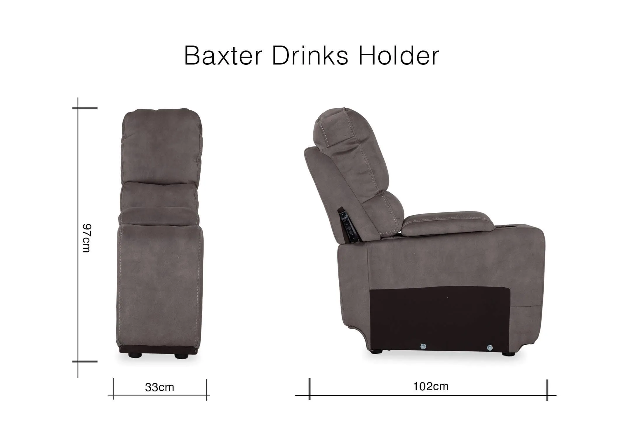 A dimension image for the grey faux suede drinks holder from Baxter 97cm (Height) x 33cm (Width) x 102cm (Depth)