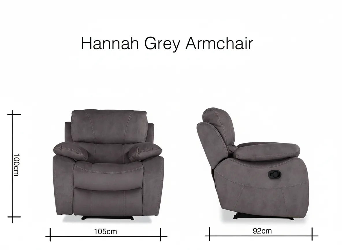 Hannah grey faux suede fabric reclining armchair 100cm (Height) x 105cm (Width) x 92cm (Depth)
