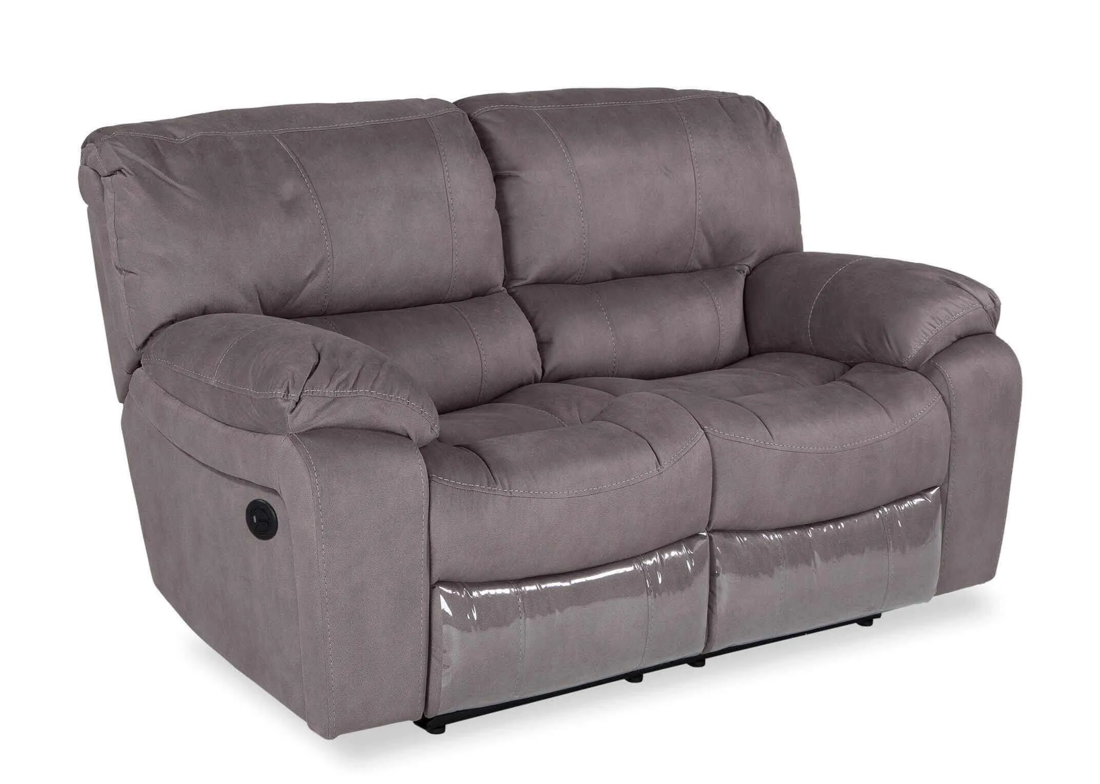 Angled shot of the Bradford 2 seater grey suede power reclining sofa with minimal black feet