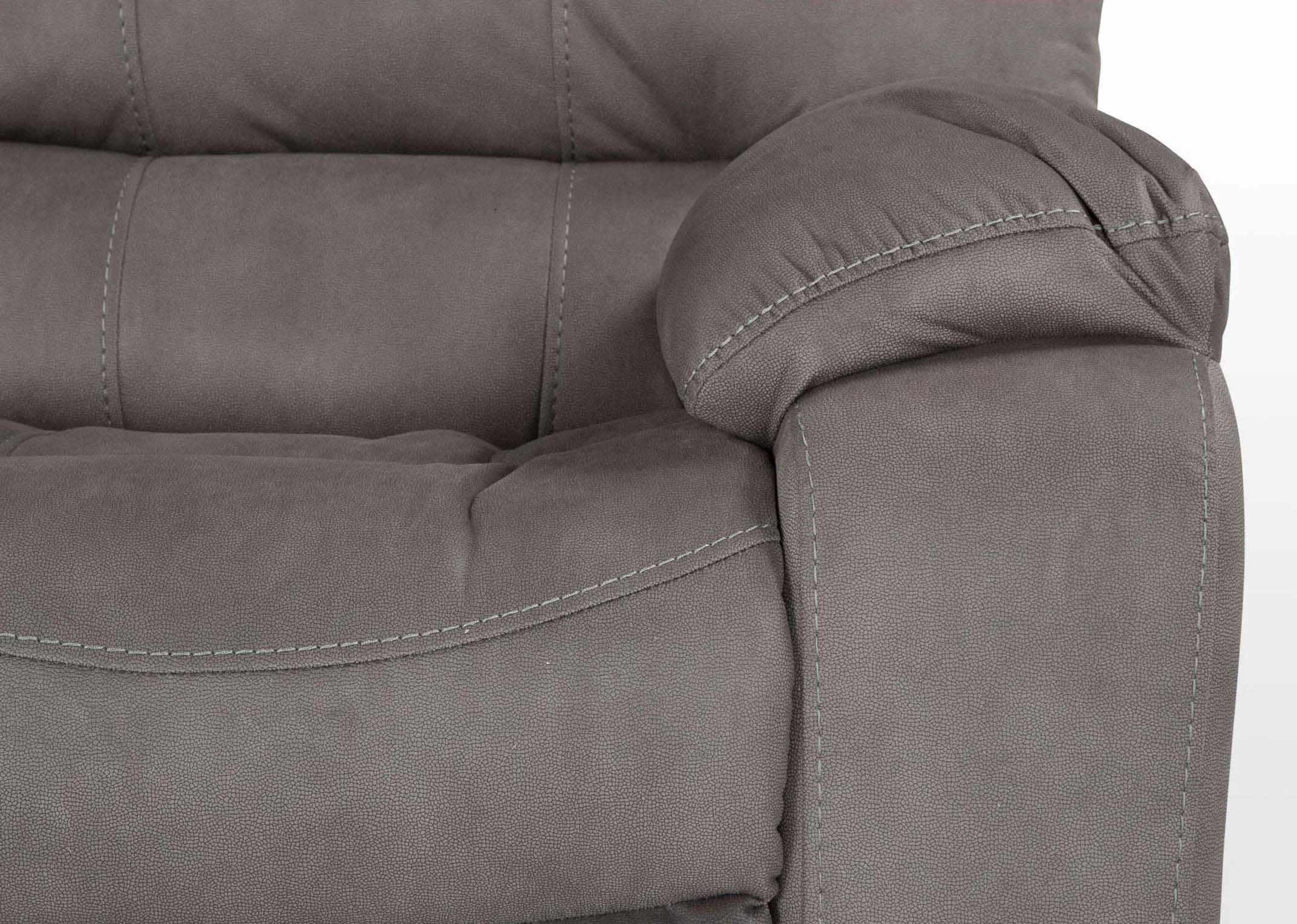Detailed close-up view of the armrest of the Bradford 2 seater grey suede power reclining sofa