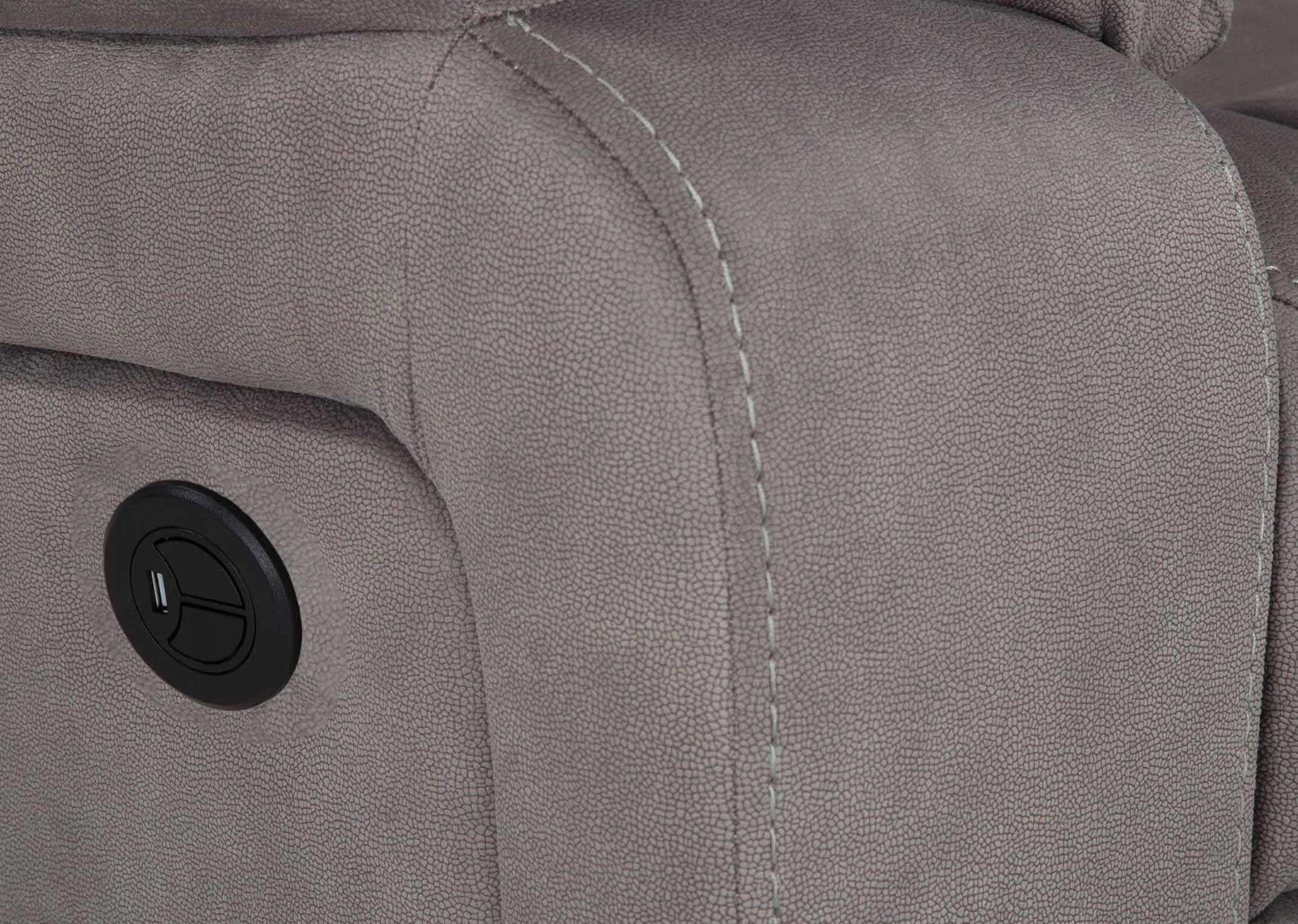 Detailed close-up view of the black reclining button from the Bradford 2 seater grey suede power reclining sofa