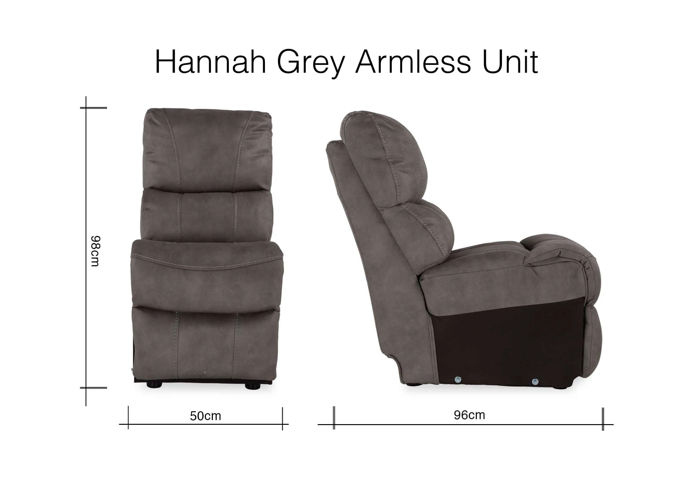 A dimension image for the Hannah grey fabric armless unit 98cm (Height) x 50cm (Width x 96cm (Depth)