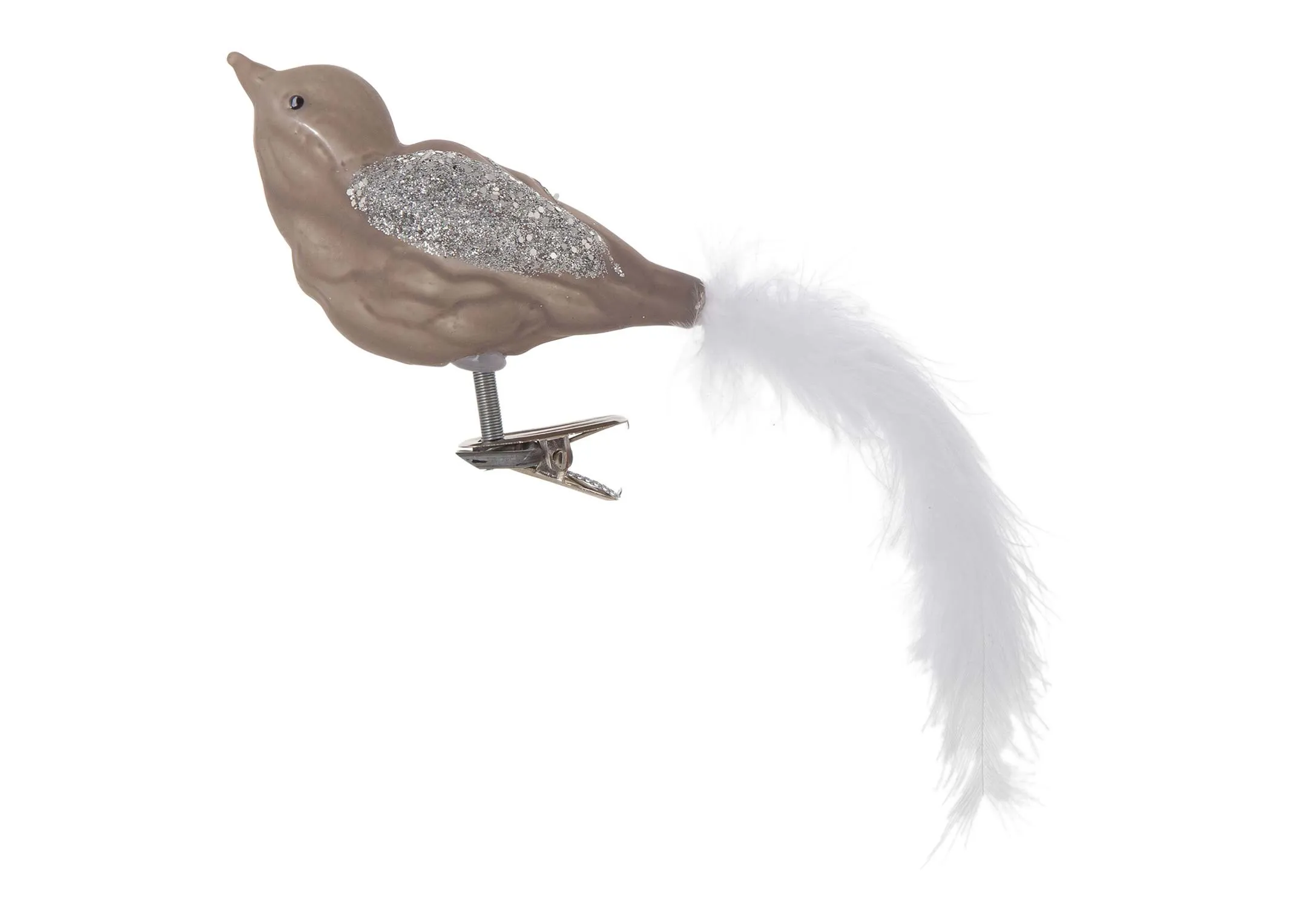 A view in ful from the front of the 8cm Bird with white tail Christmas decoration.