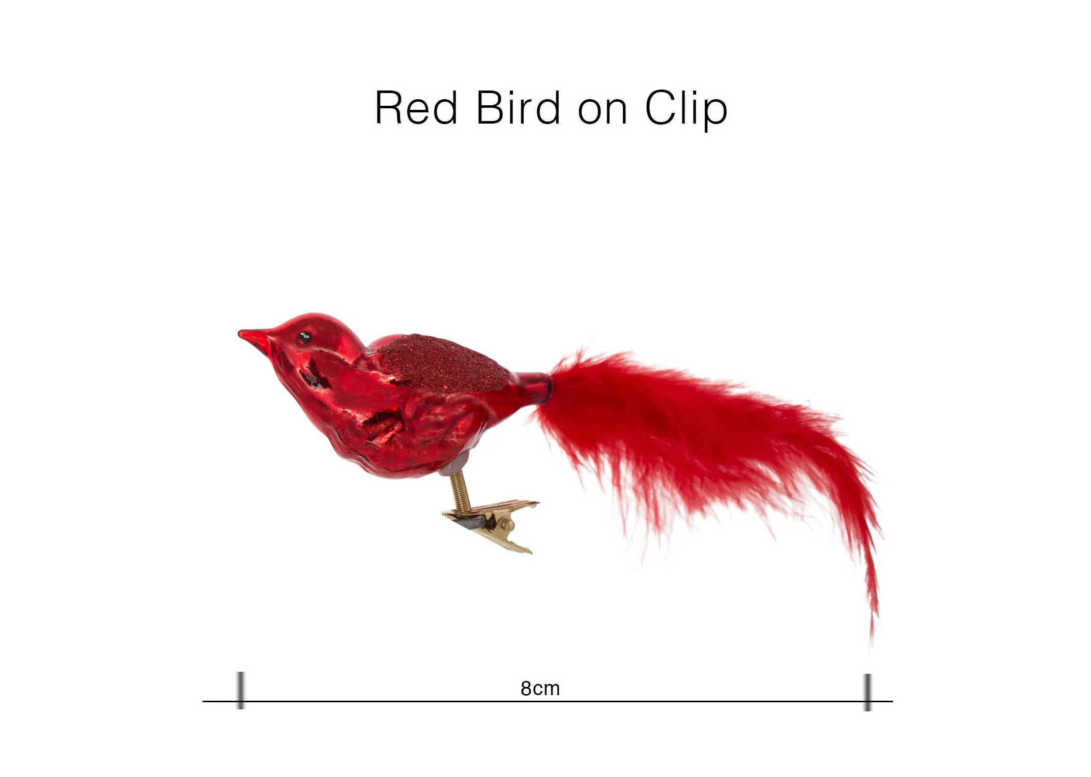 A dimension image for the red bird on clip Christmas decoration 8cm (Width)