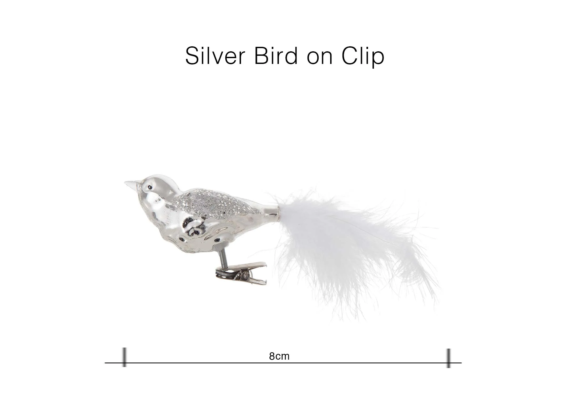 A view of the white feathered tail on the silver bird on a clip