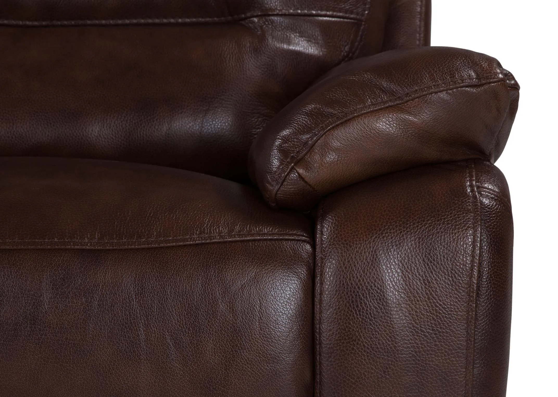 A close up of the armrest on the SUPREME 3 seater power recliner. highlighting the brown leather material.