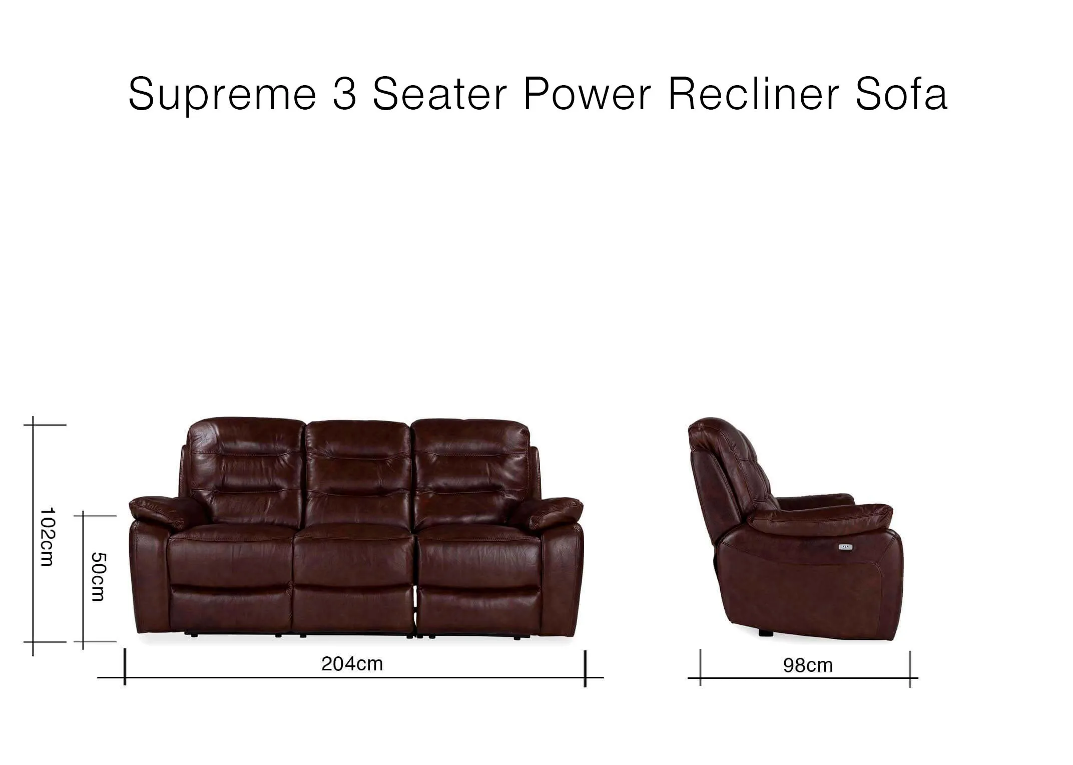 A dimension image for the Supreme 3 seater power recliner 102cm (Height) x 204cm (Width) x 98cm (Depth)