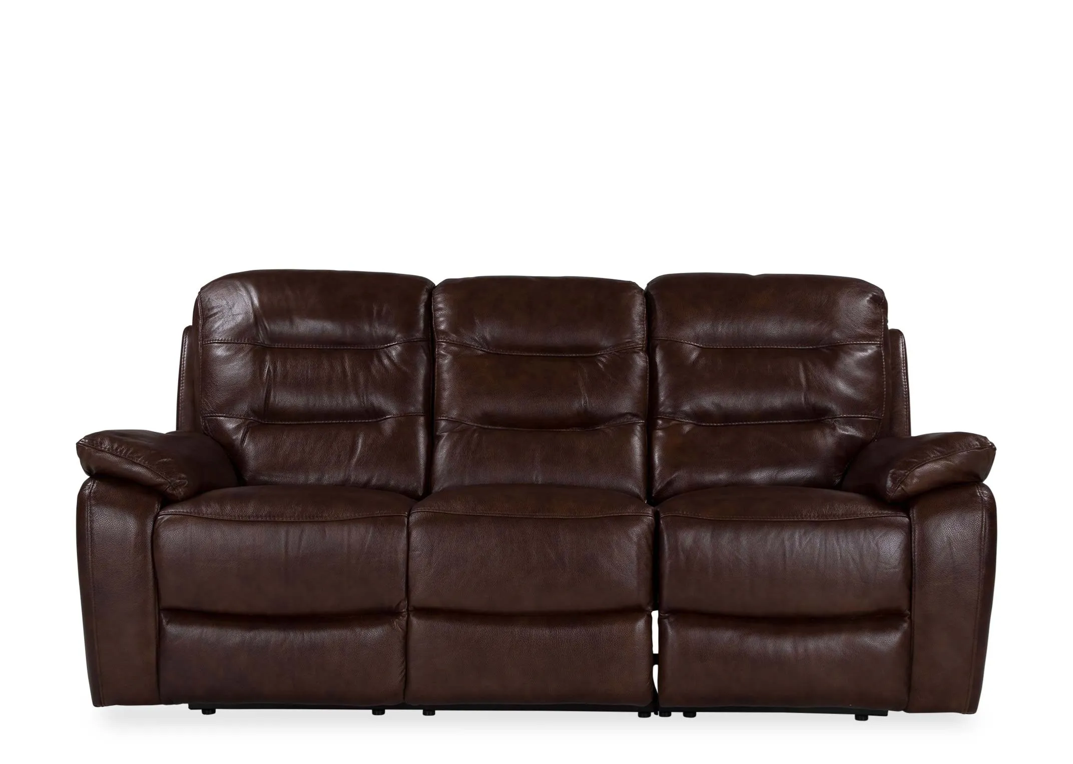 A view of the front of the Supreme 3 seater power recliner with luxurious brown leather.
