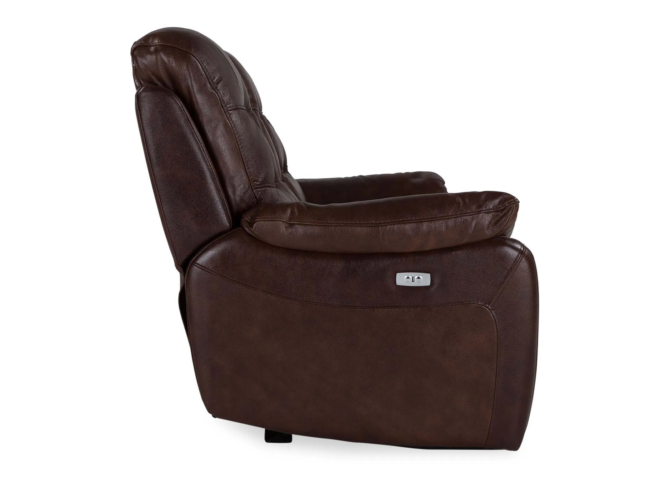 A view from the side of the Supreme 3 seater power recliner with reclining button and brown leather finish.
