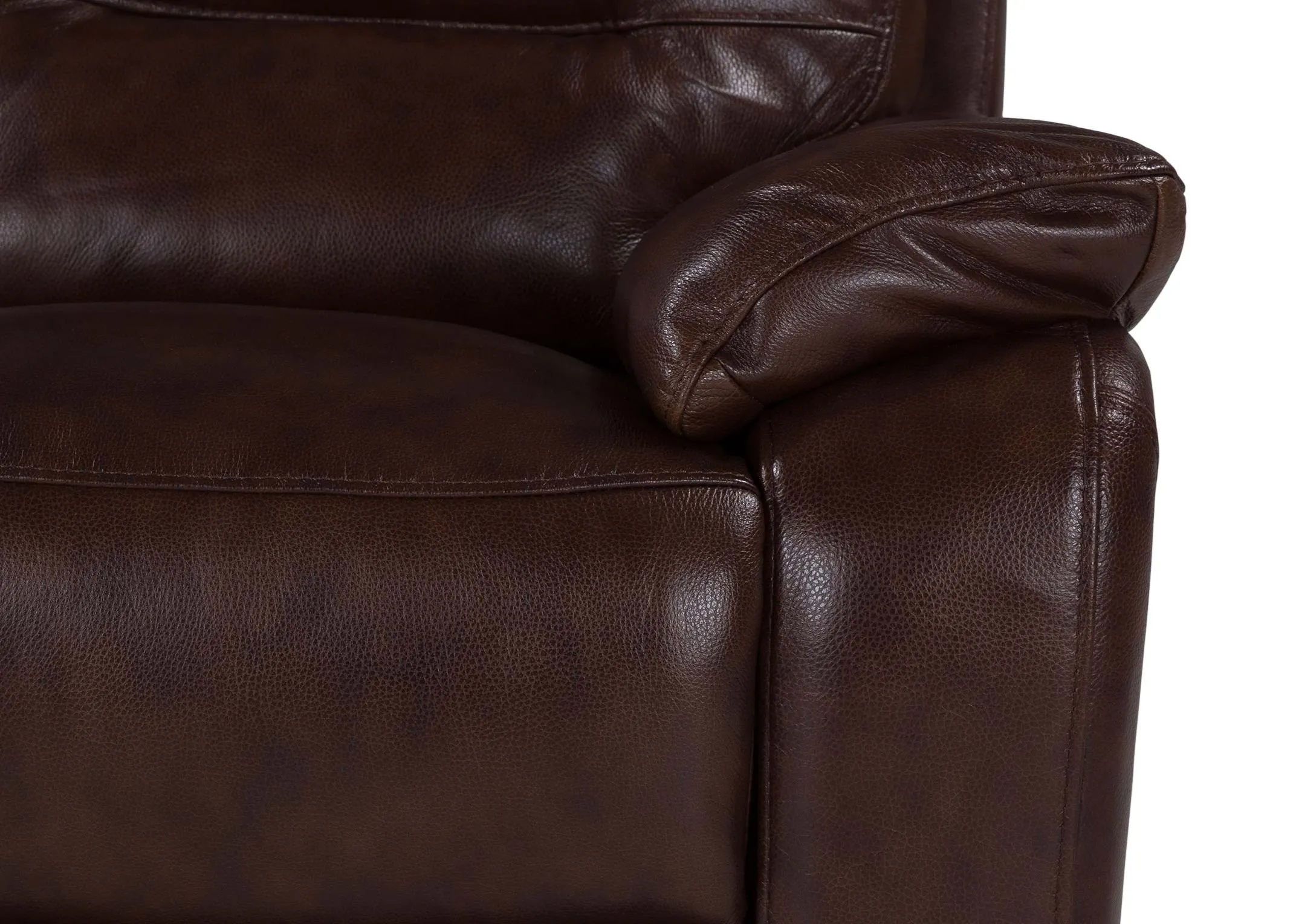 A close up of the armrest on the Supreme sofa detailing the brown leather upholstery.