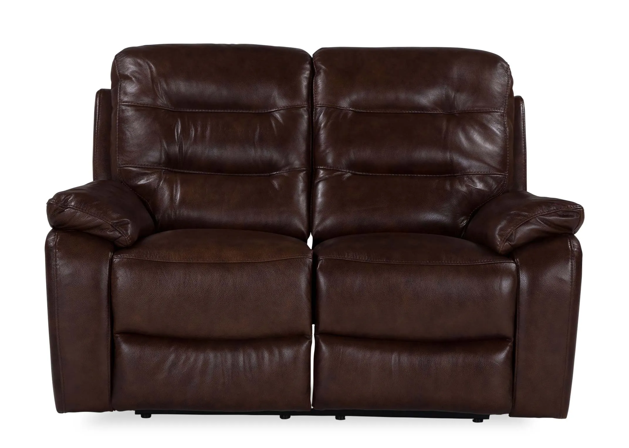 A view from the front of the Supreme brown leather 2 seater power reclining sofa.