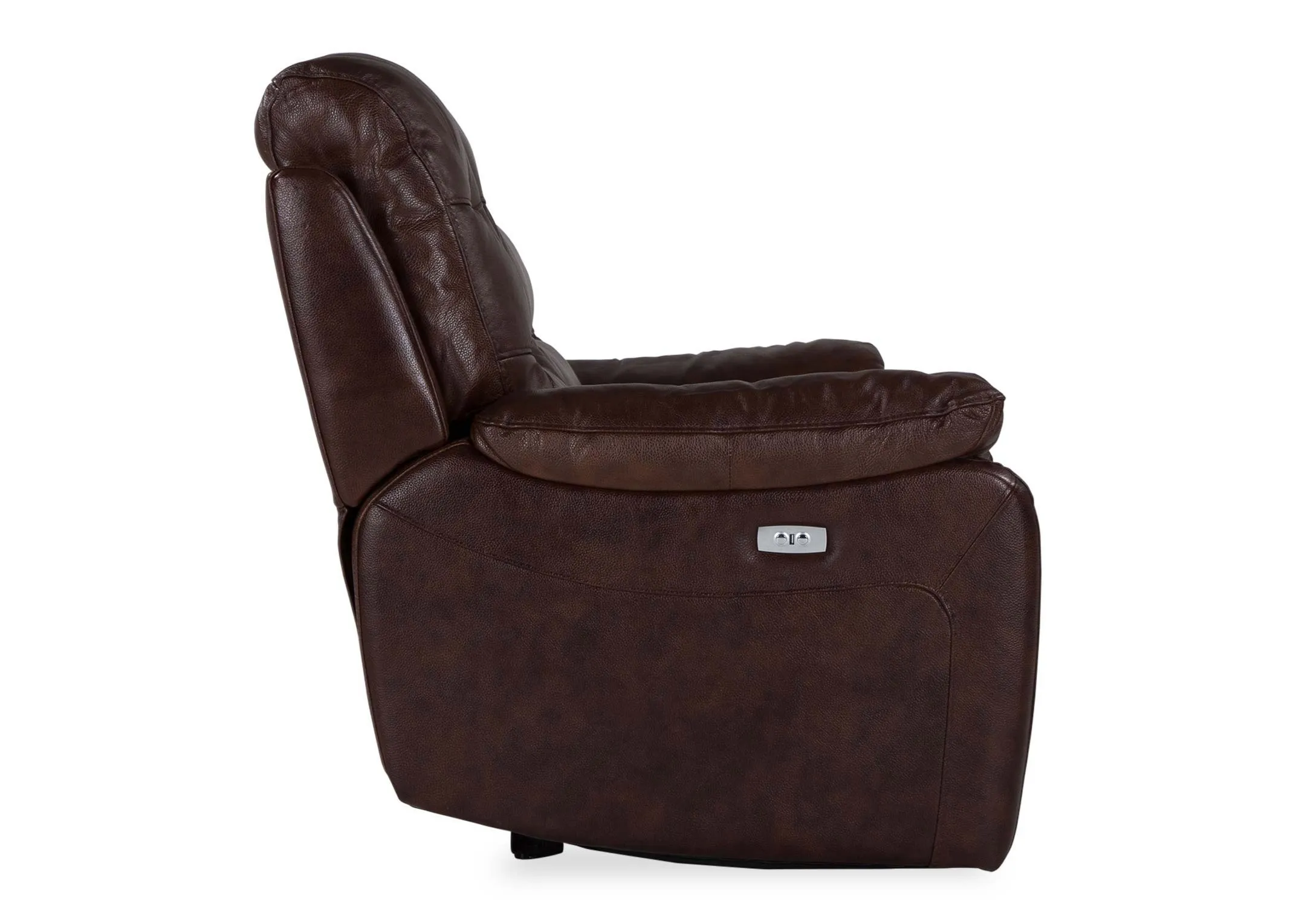 A view from the side of the Supreme brown leather 2 seater power reclining sofa.