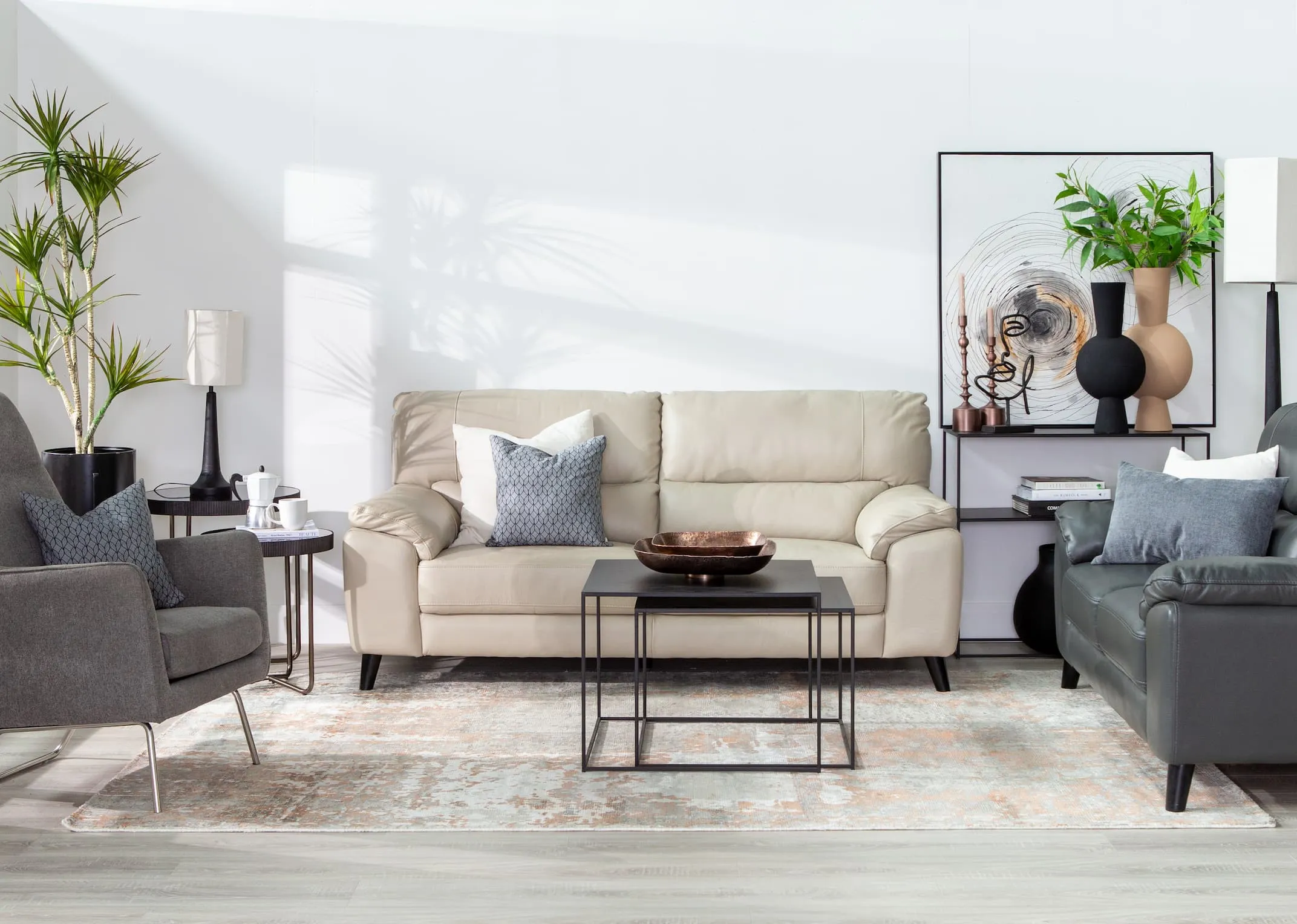 Light Grey Leather 3 Seater Sofa - Alfredo