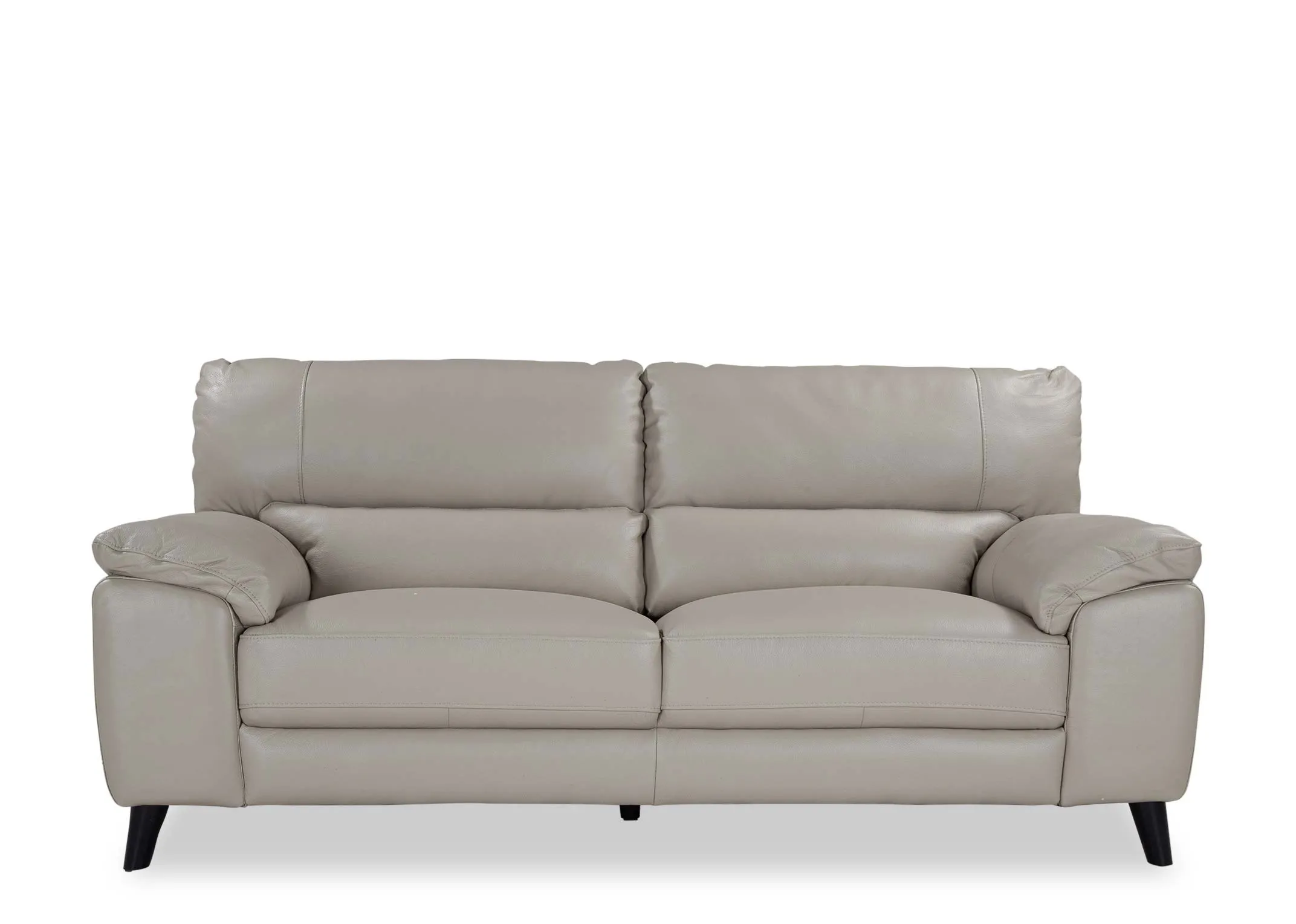 A view in full from the front of the Alfredo 3 seater grey leather sofa.