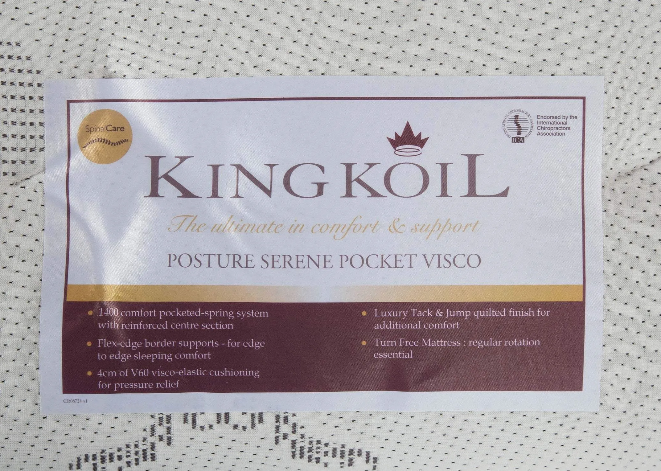 Detailed close-up view of the Posture Serene super king size 6 ft Pocket Visco showing the King Koil label