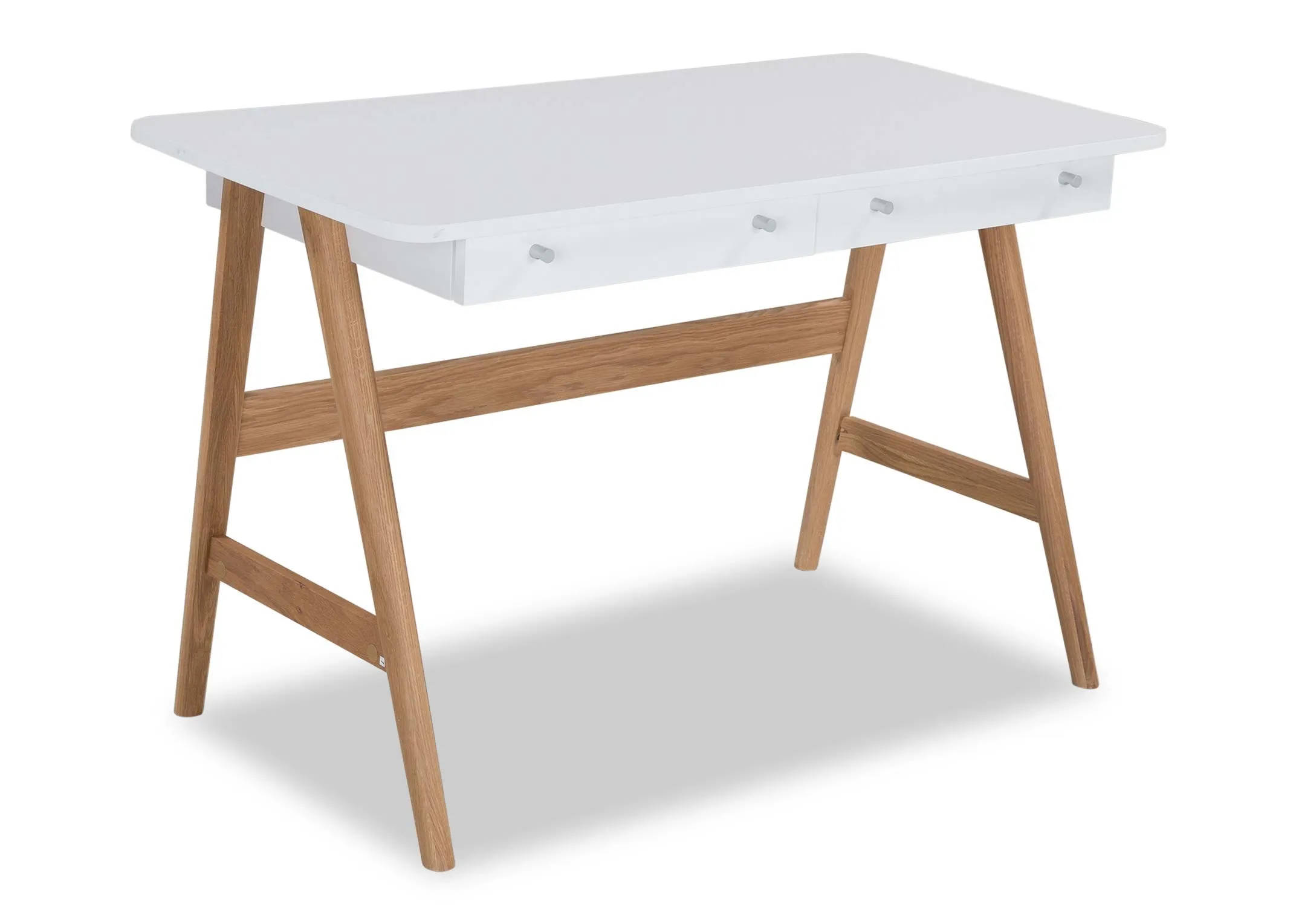 A power shot image of the white Tia top desk showing in full the legs and white desk.