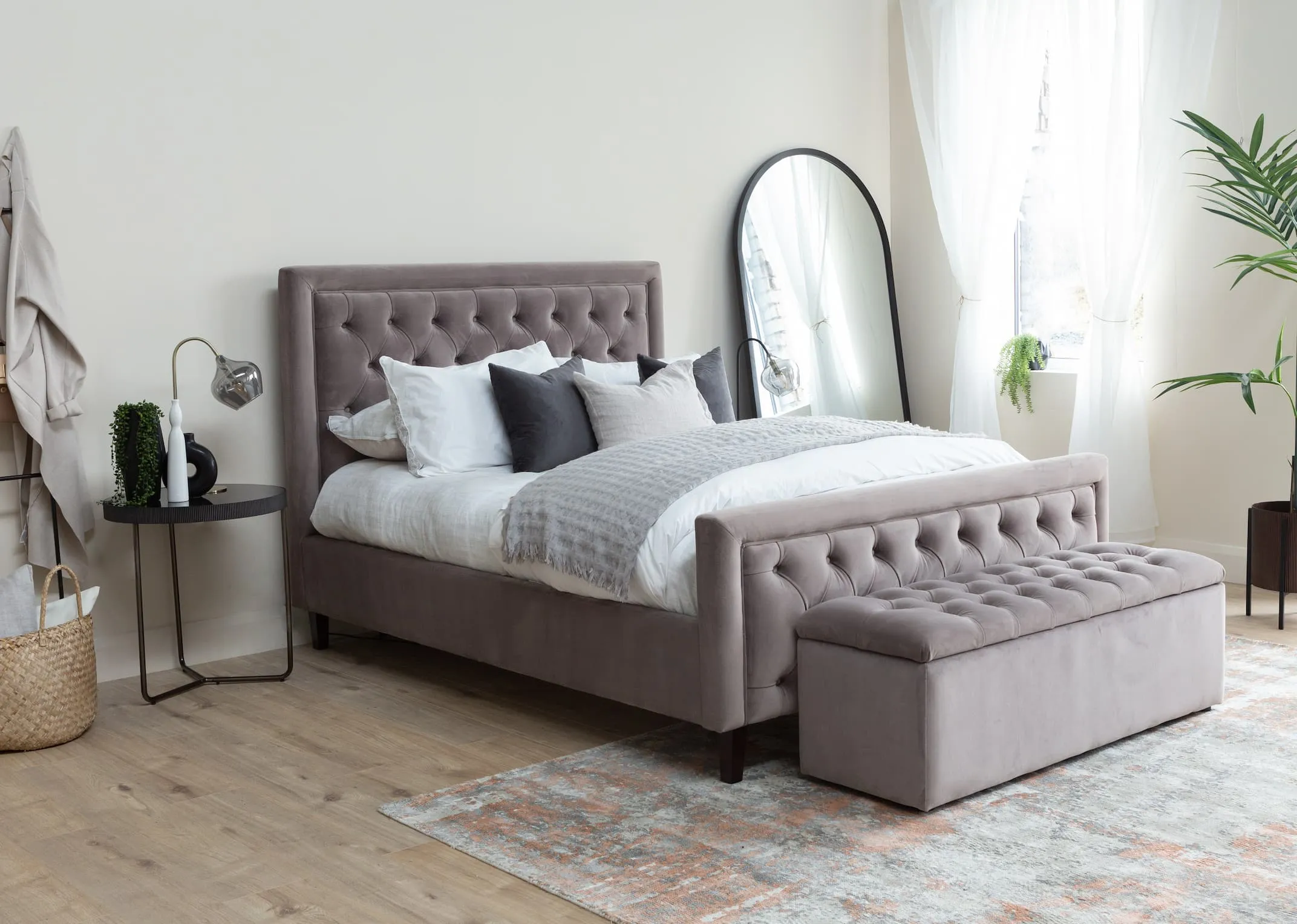 A taupe velvet Majestic bedframe with blanket box & the Mandy side table & Chrisley mirror & Siem ladder.
