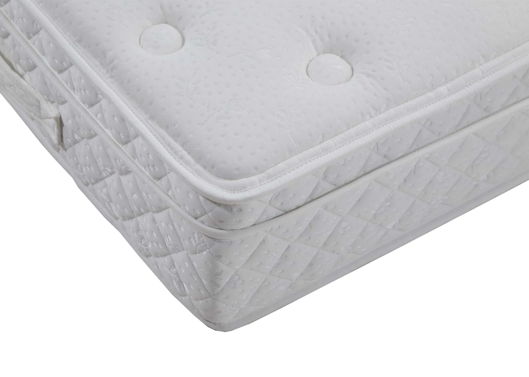 A corner shot for the Tranquil 4 ft 6 mattress showing the circular pattern on the fabric.