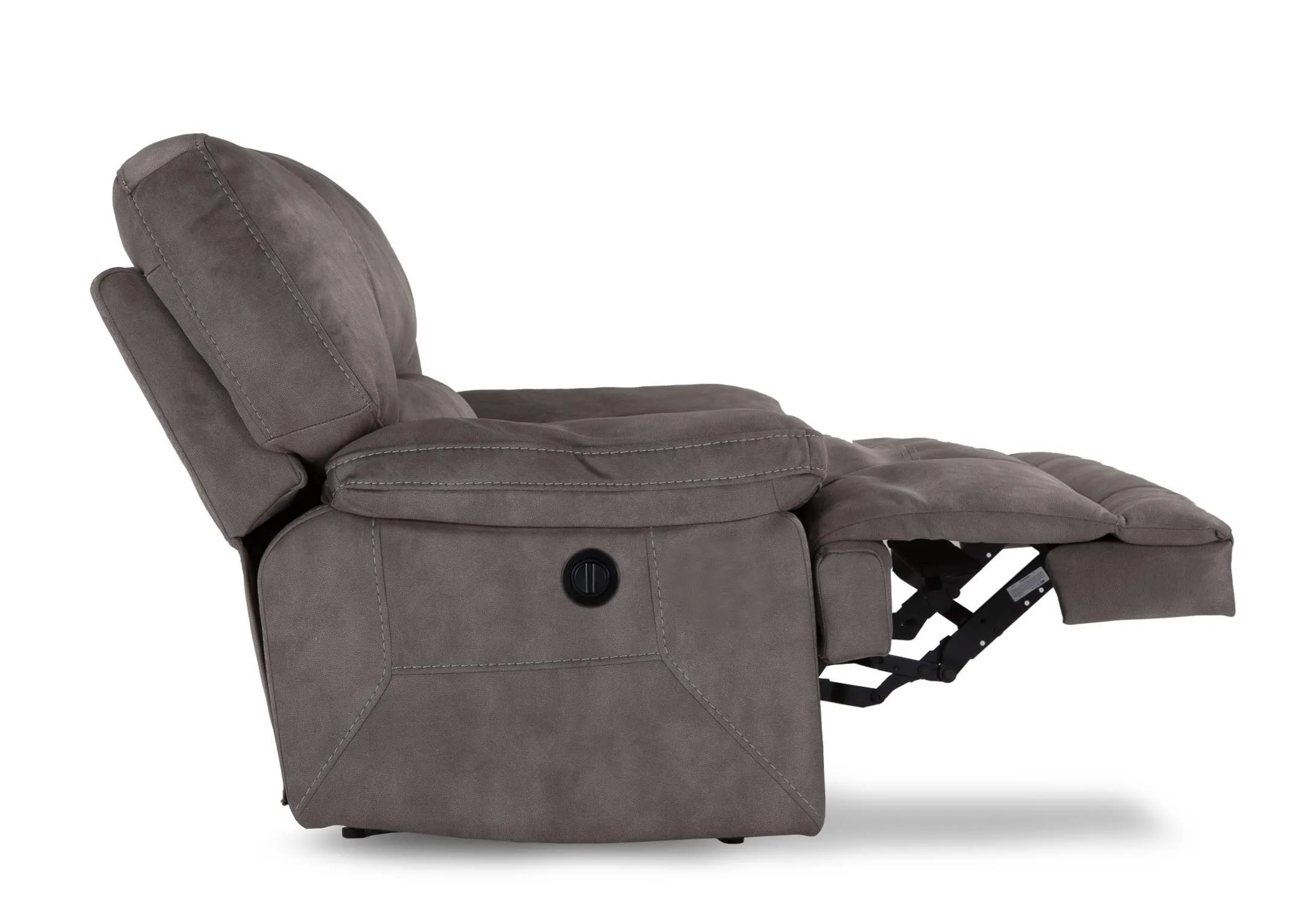 A view from the side looking at the sultry grey power reclining Baxter armchair in a reclined position