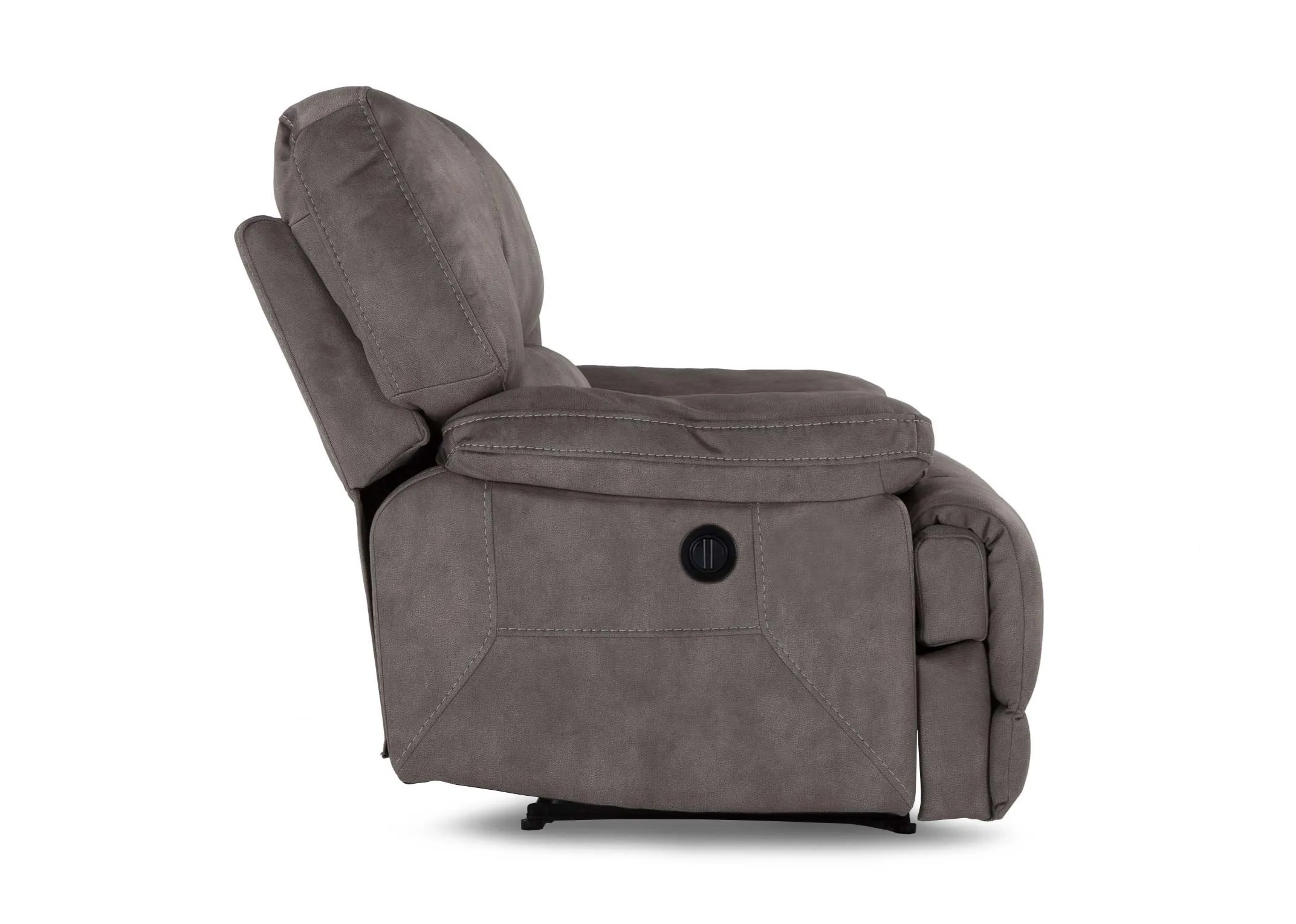 A view from the side of the sultry grey power reclining Baxter armchair