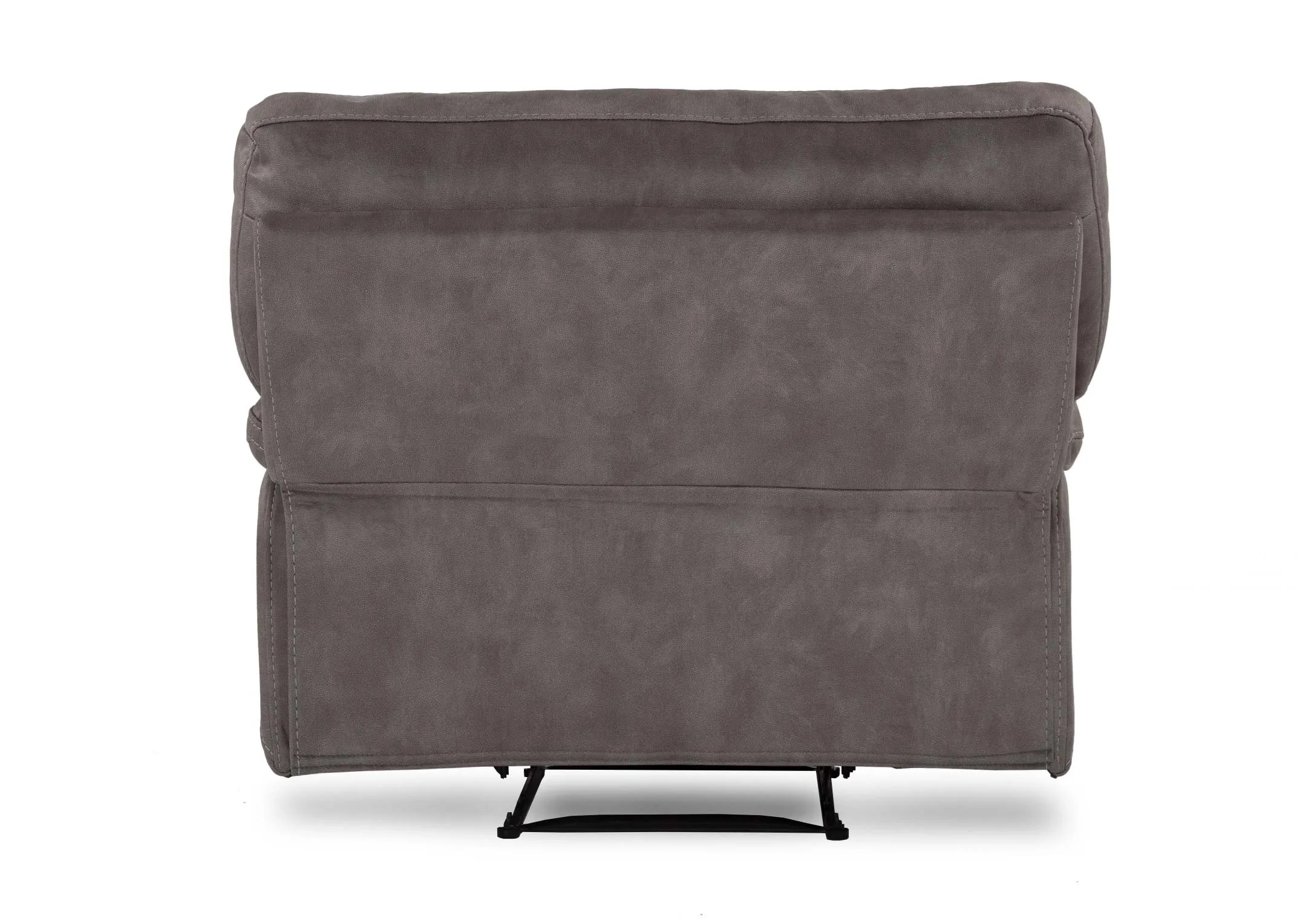 A view from behind looking at the back of the sultry grey power reclining Baxter sofa