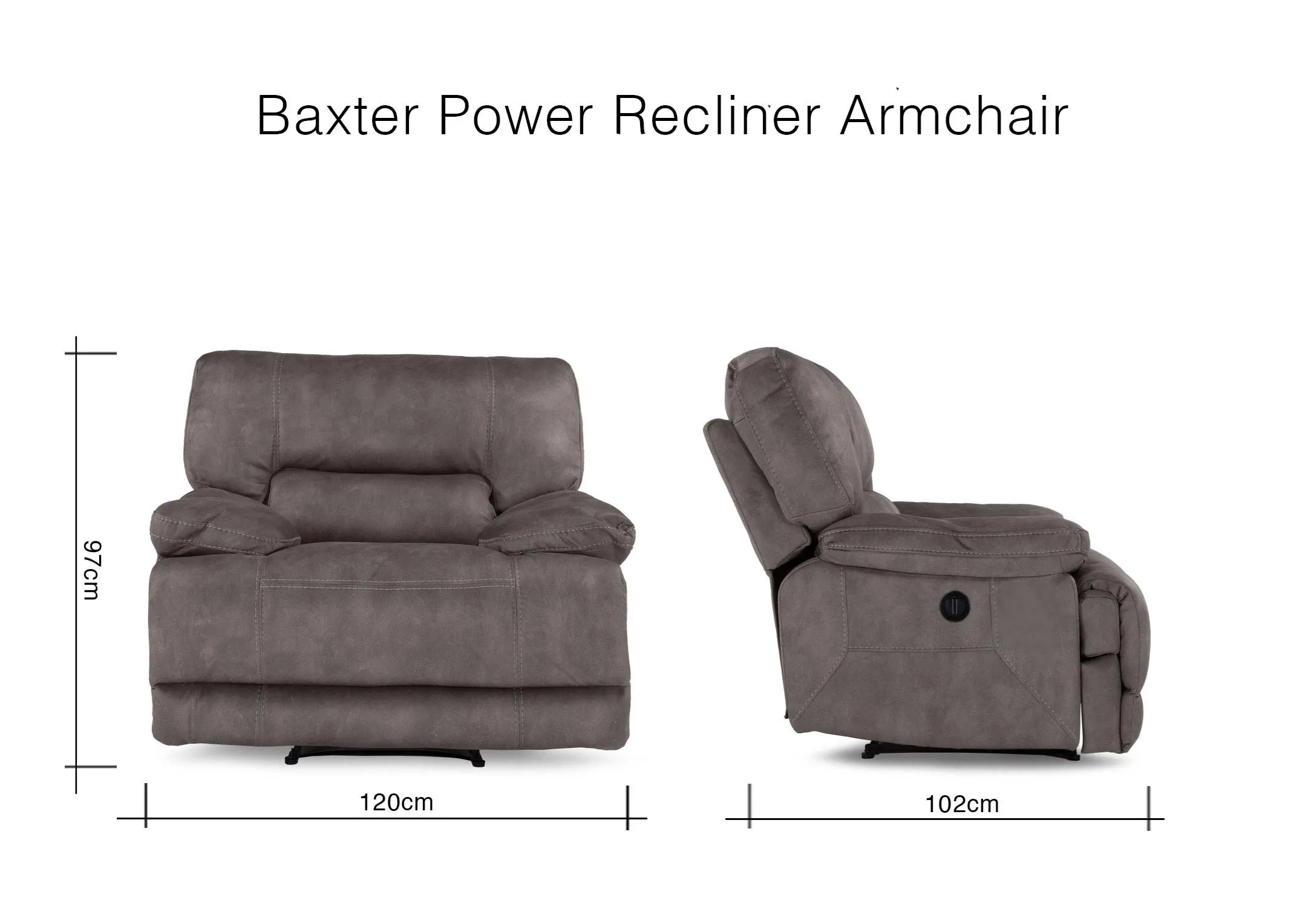 A dimension image for the sultry grey power reclining Baxter armchair 97cm (Height) x 120cm (Width) x 102cm (Depth)