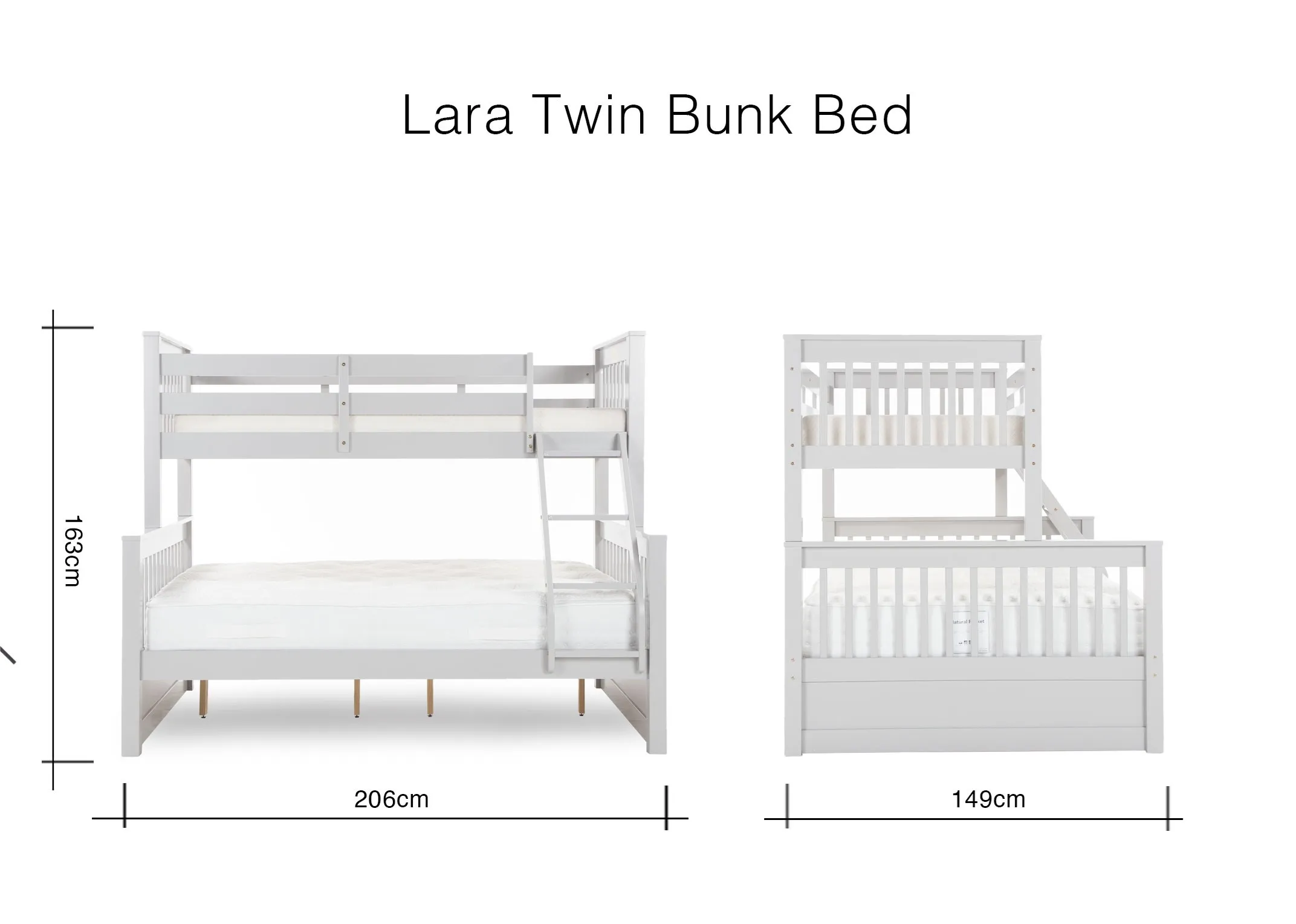 A dimension image of the grey Lara Bunk bed 163cm (Height) x 206cm (Width) x 149cm (Depth)
