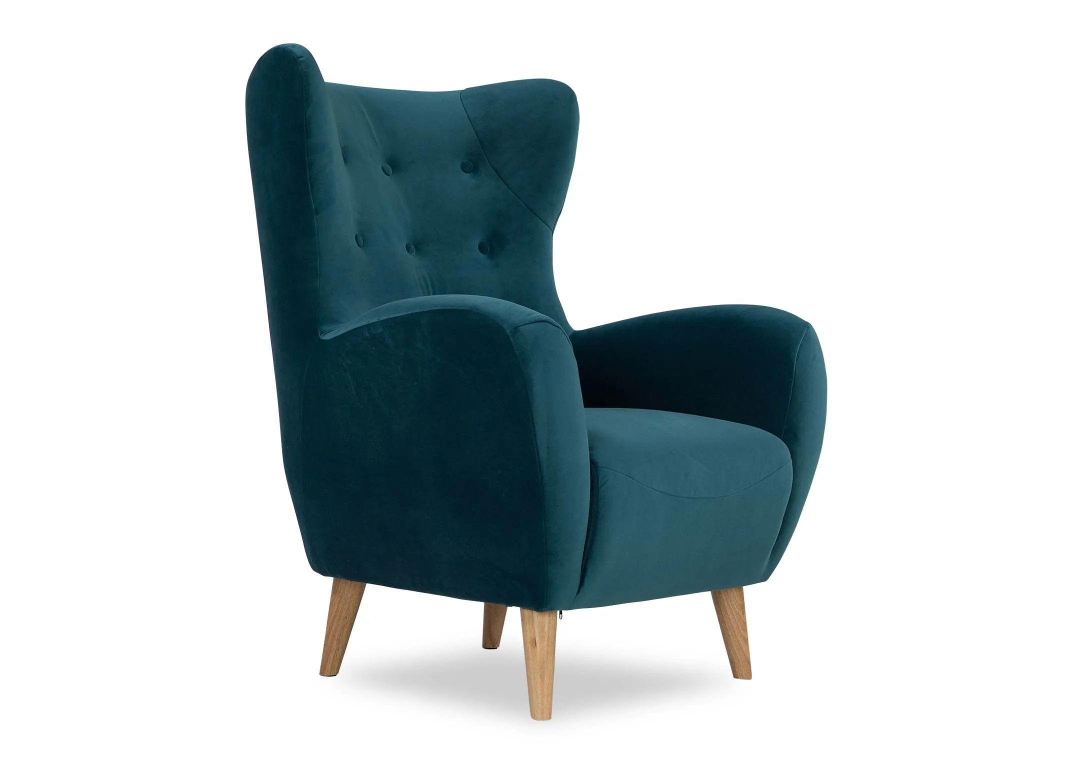 An angled shot from left to right of the Bronx armchair in teal velvet.