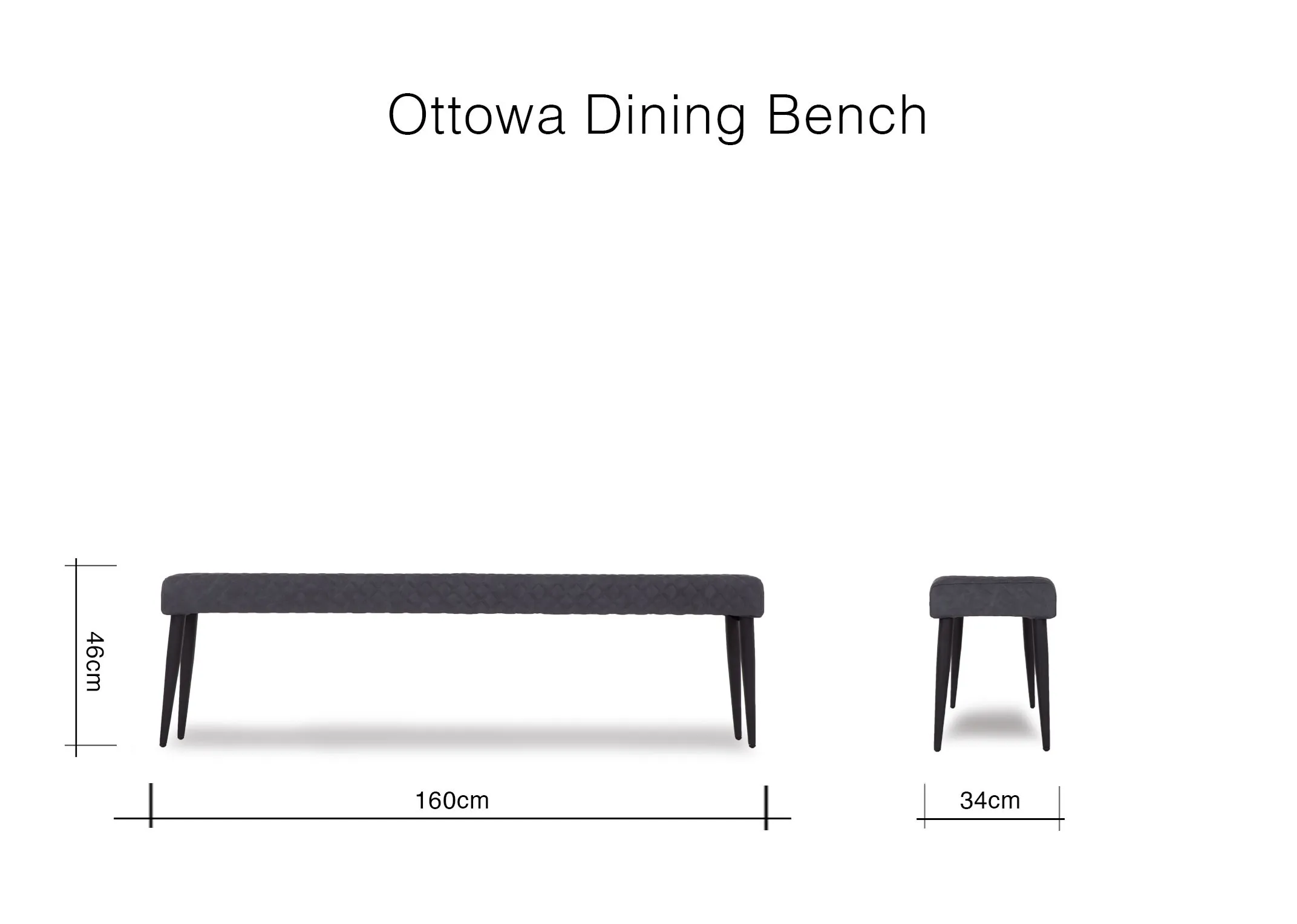 A dimension image of the Ottowa grey dining bench 46cm (Height) x 160cm (Width) x 34cm (Depth)