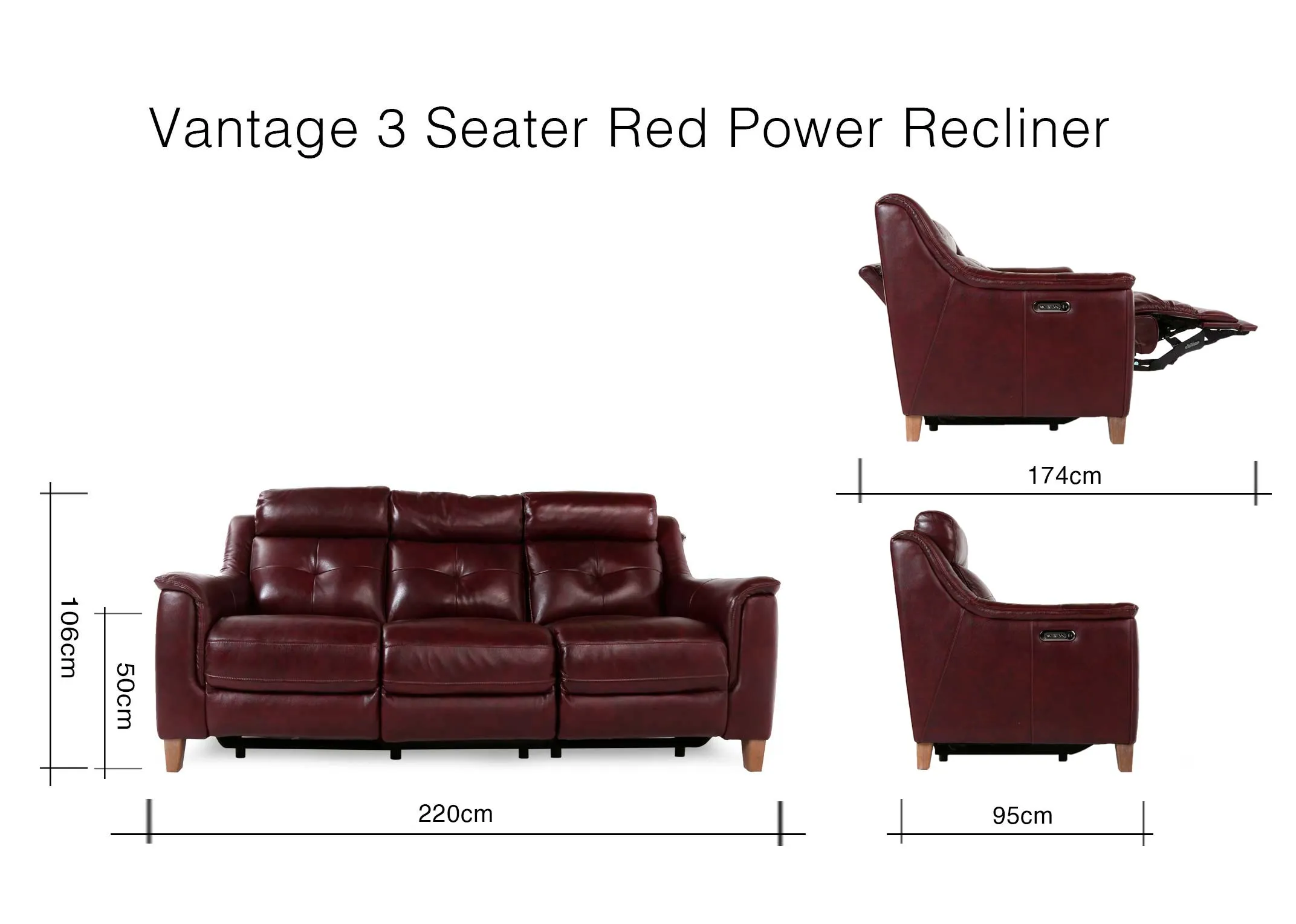 A dimension image of the Vantage 3 Seater sofa with 220cm (Width) x 95cm-174cm (Depth) x 106cm (Height) x 50(sh)