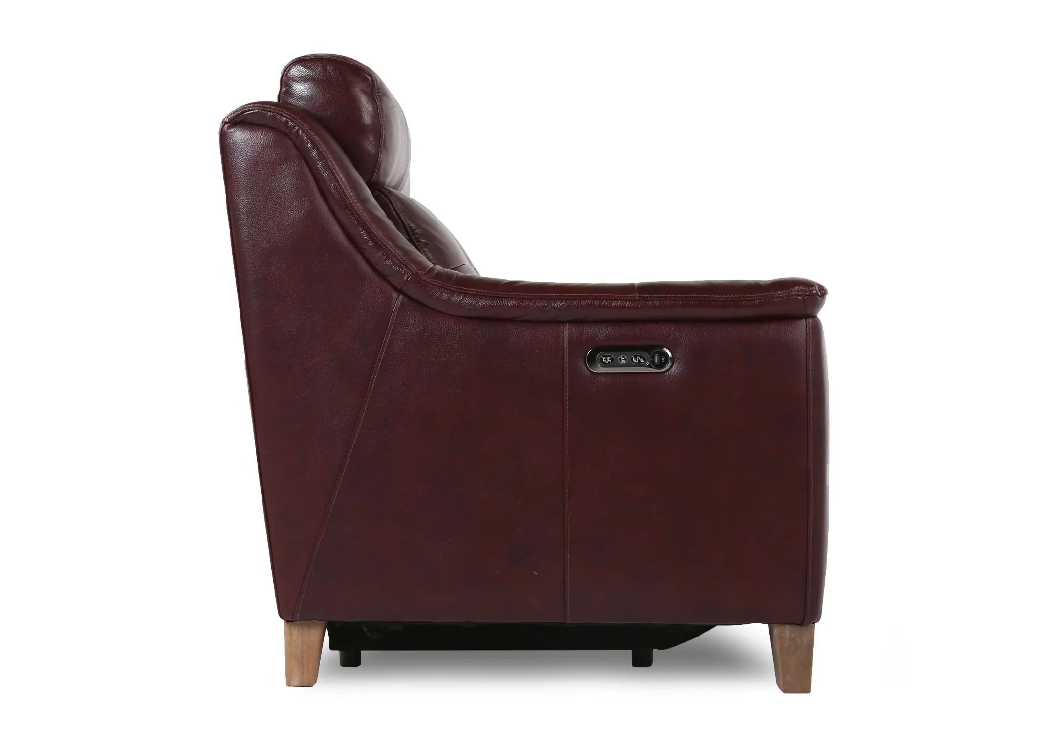 A deep red leather 3 seater power reclining sofa with wood feet from EZ Living Furniture's Vantage range. Side view of depth
