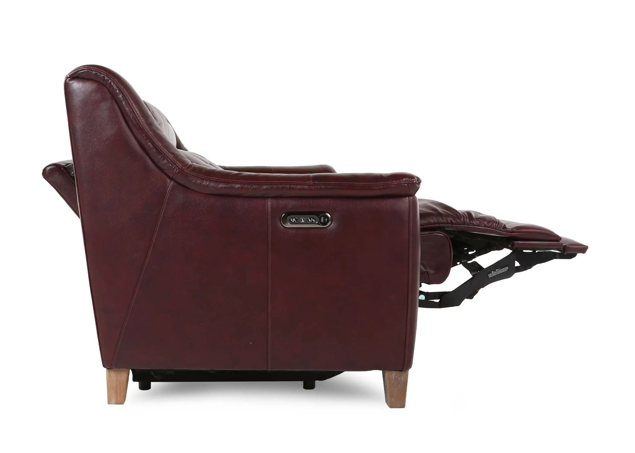 A deep red leather 3 seater power reclining sofa from EZ Living Furniture's Vantage range. Side view of sofa reclined.