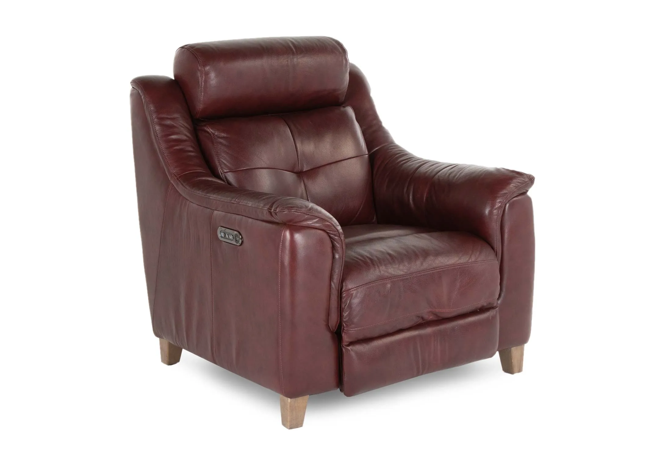A red leather power recliner with wood feet from EZ Living Furniture's Vantage range. Angled view of chair fixed.