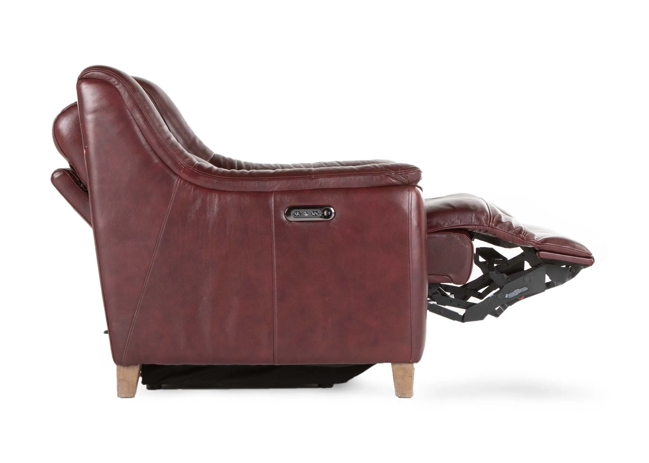 A red leather power recliner with wood feet from EZ Living Furniture's Vantage range. Closeup pf power recline button