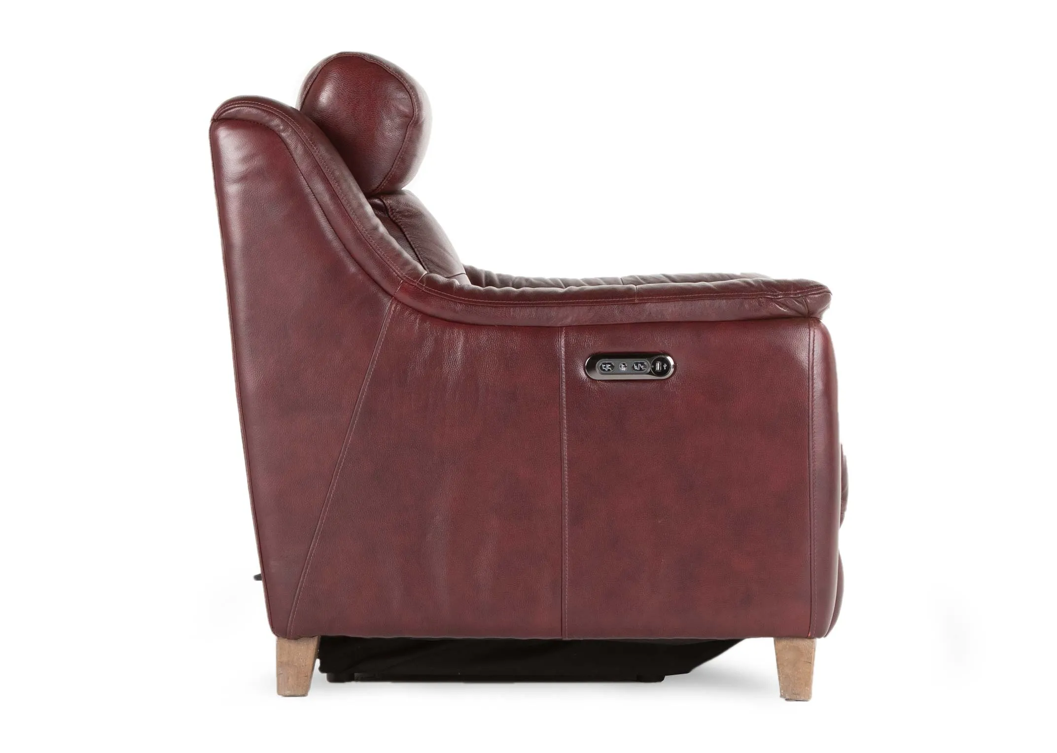 A red leather power recliner with wood feet from EZ Living Furniture's Vantage range. Side veiw of chair reclined