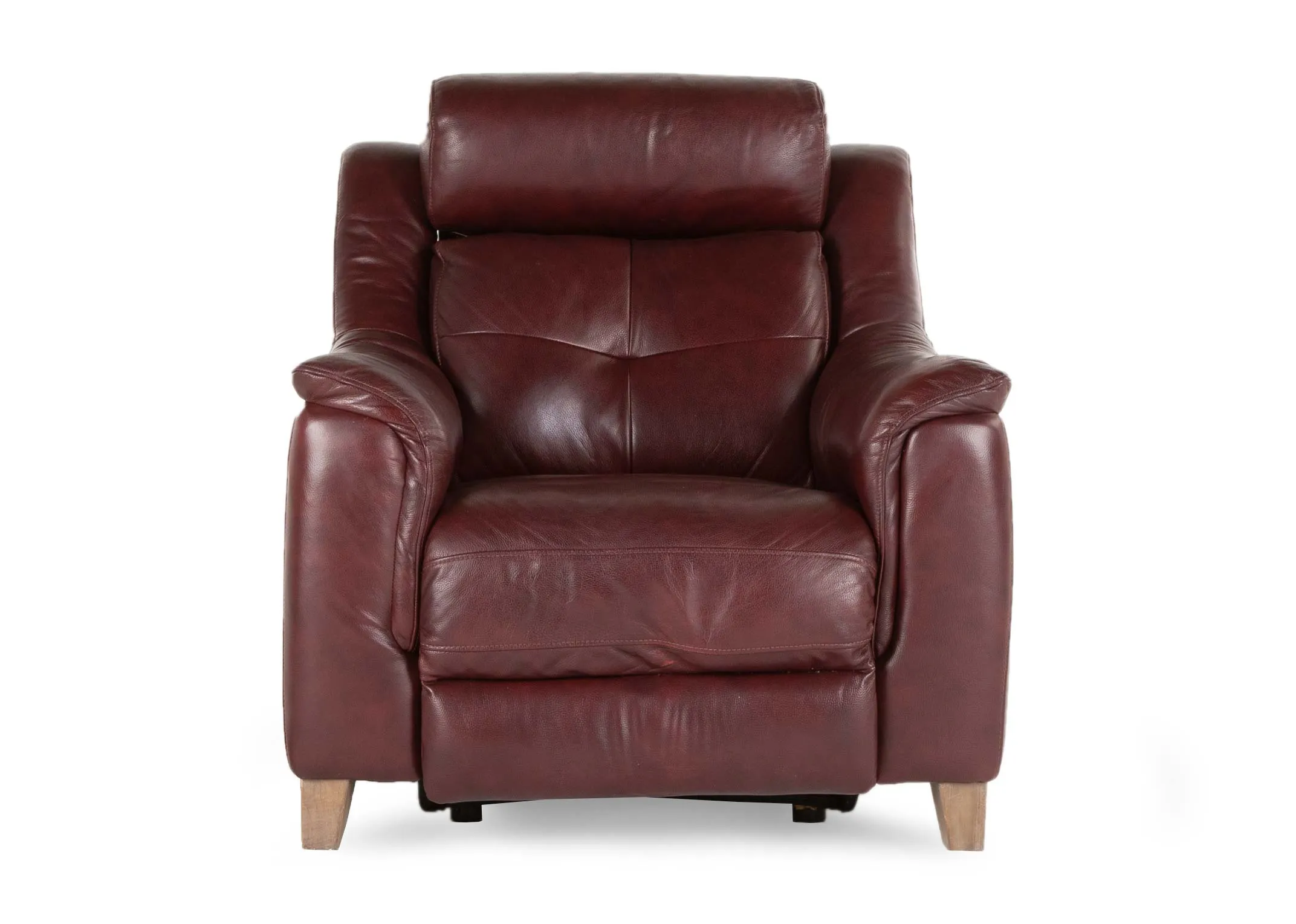 A red leather power recliner with wood feet from EZ Living Furniture's Vantage range. Side view of padded head cushion