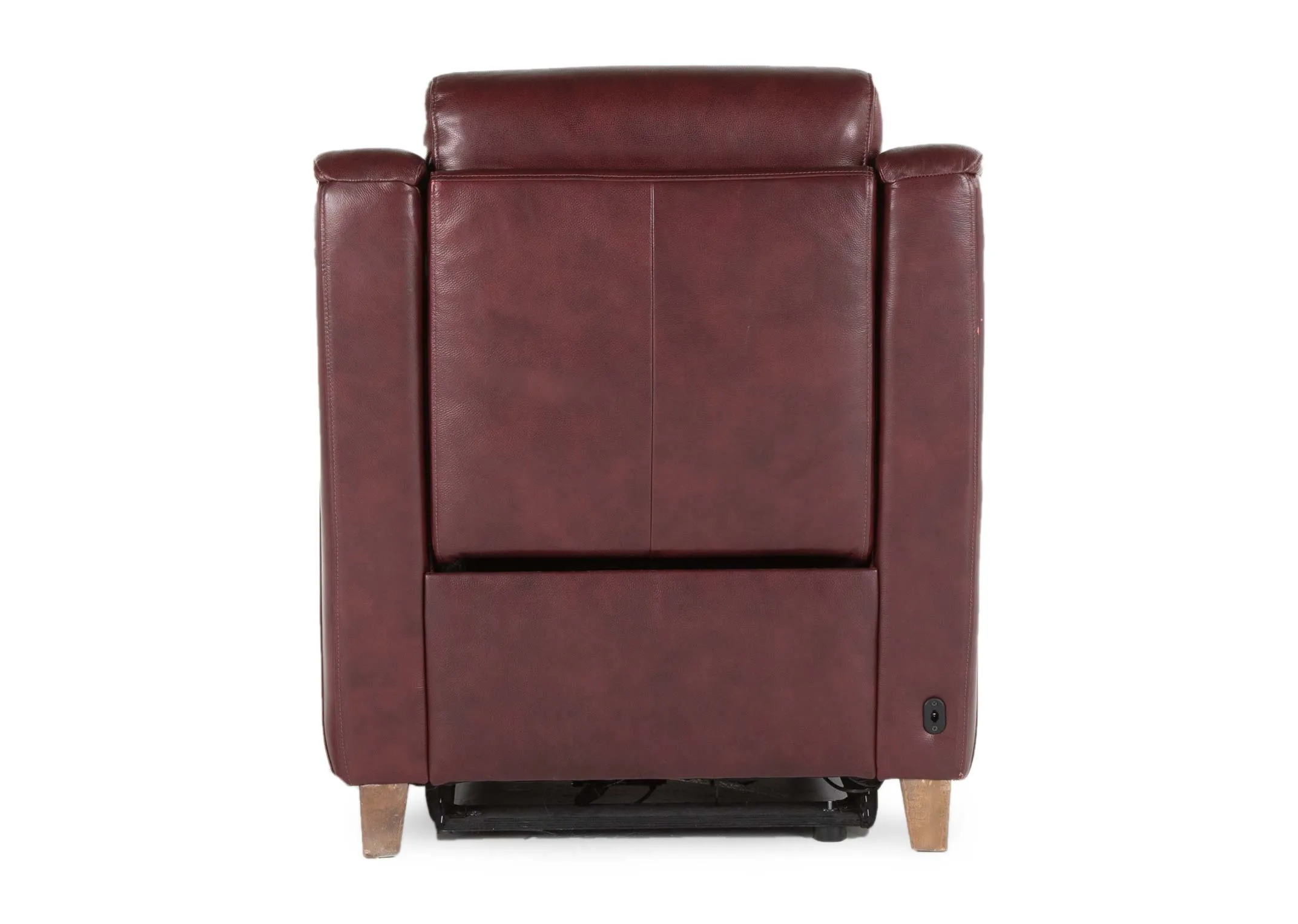 A red leather power recliner with wood feet from EZ Living Furniture's Vantage range. Front view of seams on seat back