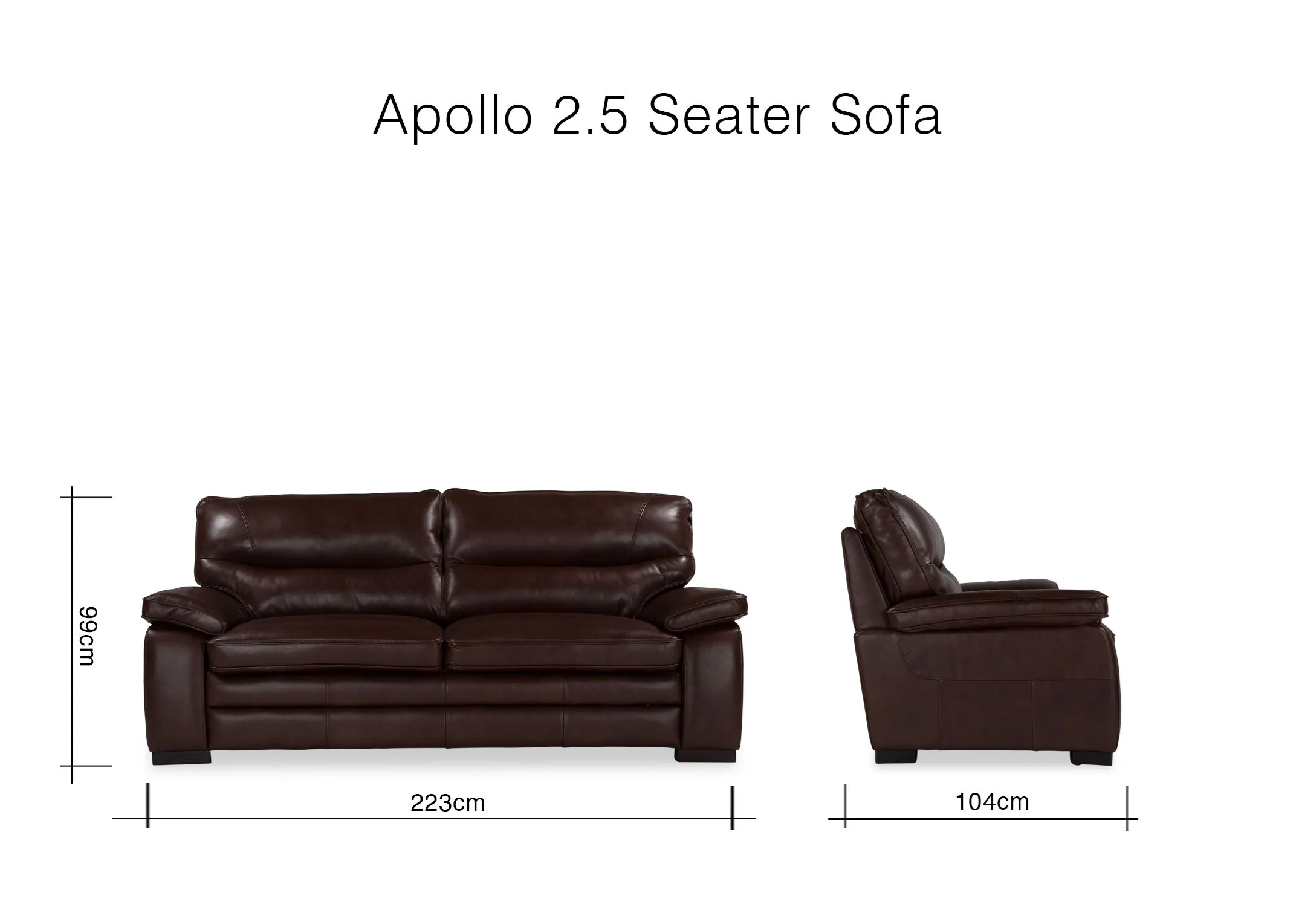 A dimension image of the Apollo 2.5 seater sofa 99cm (Height) x 223cm (Width) x 104cm (Depth)