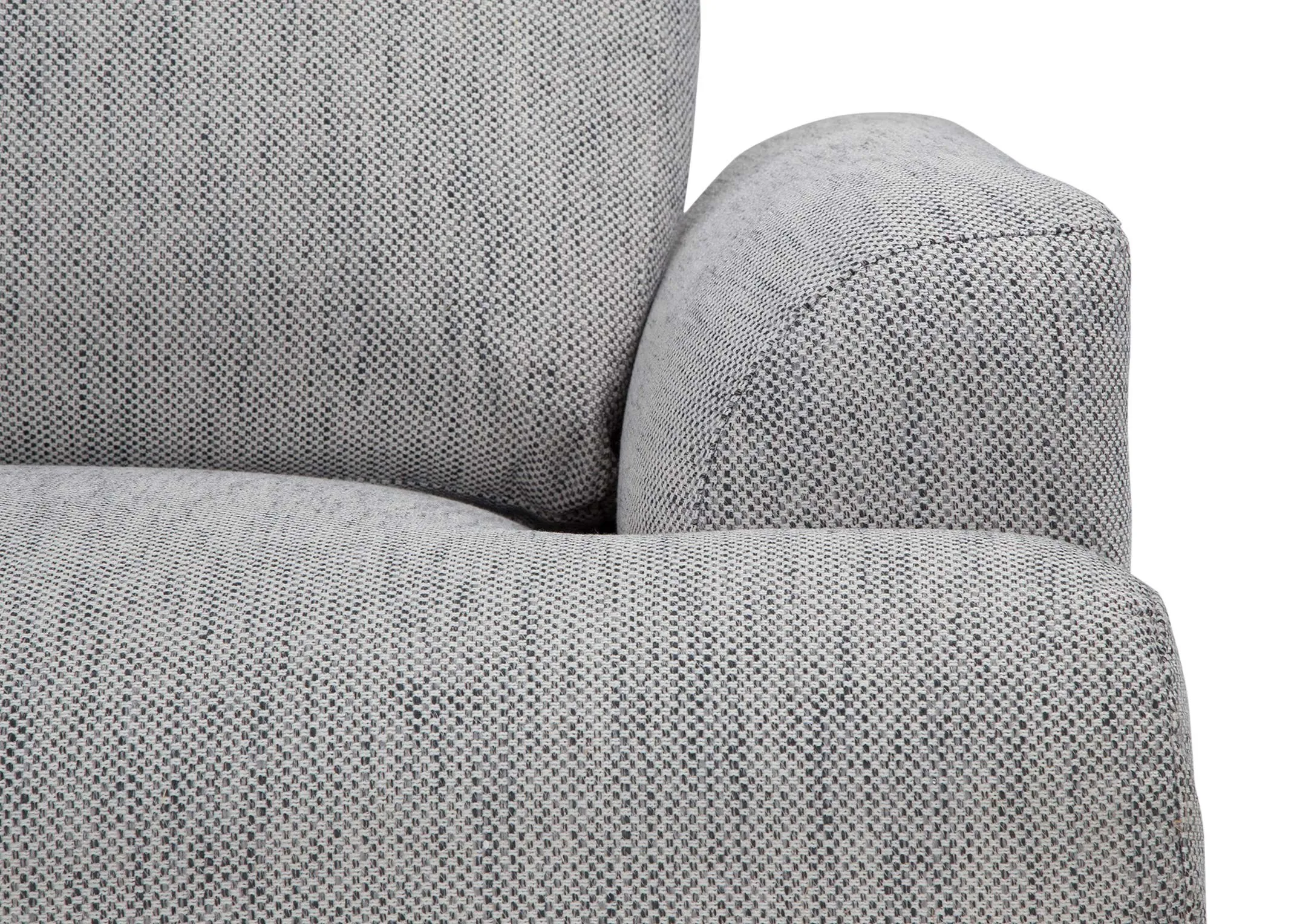 A close up of the upholstery on the armrest of the Legend 3 seater sofa in grey fabric.